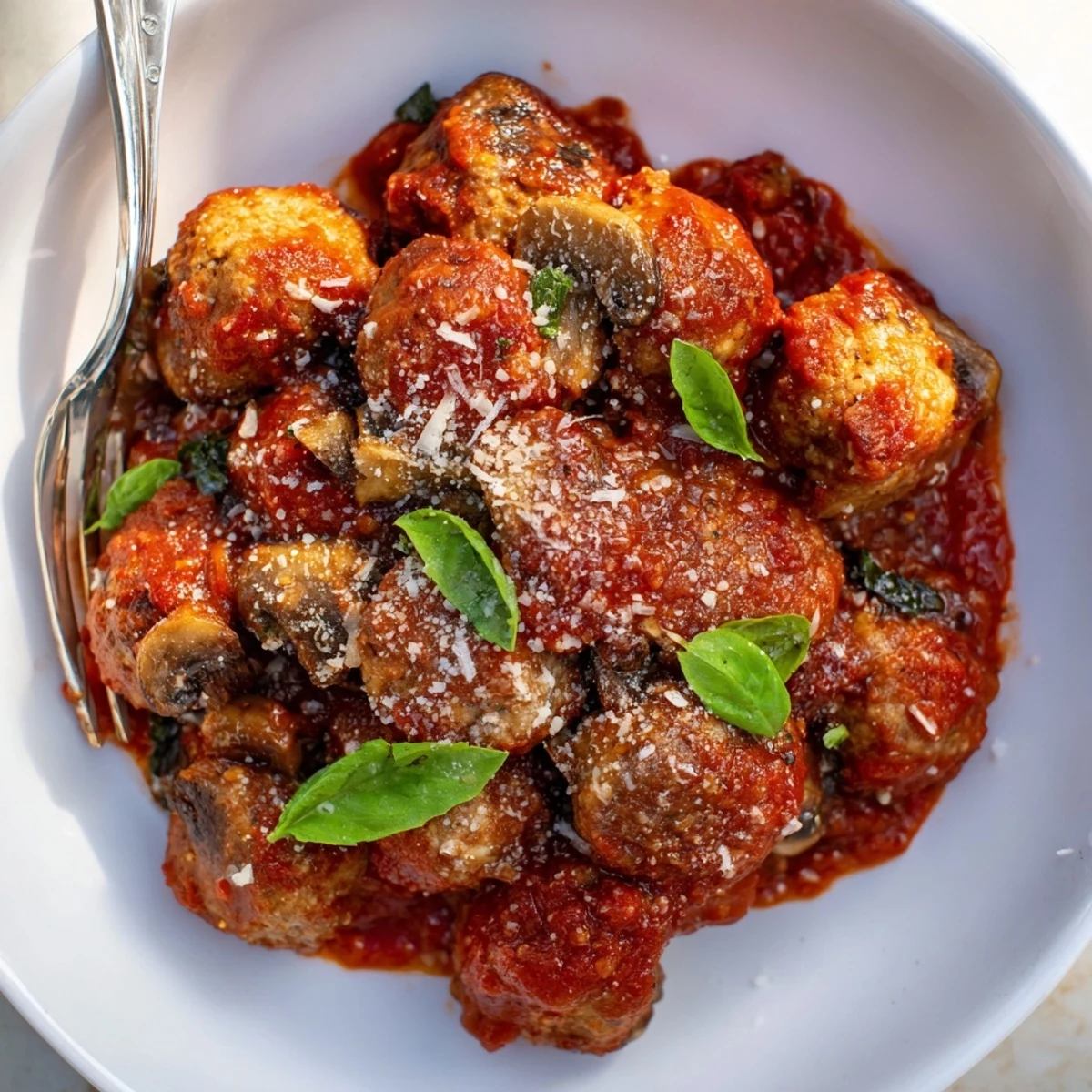 Golden-baked Ricotta and Mushroom Meatballs rest in a simmering pot of rich tomato sauce, ready to serve over spaghetti.