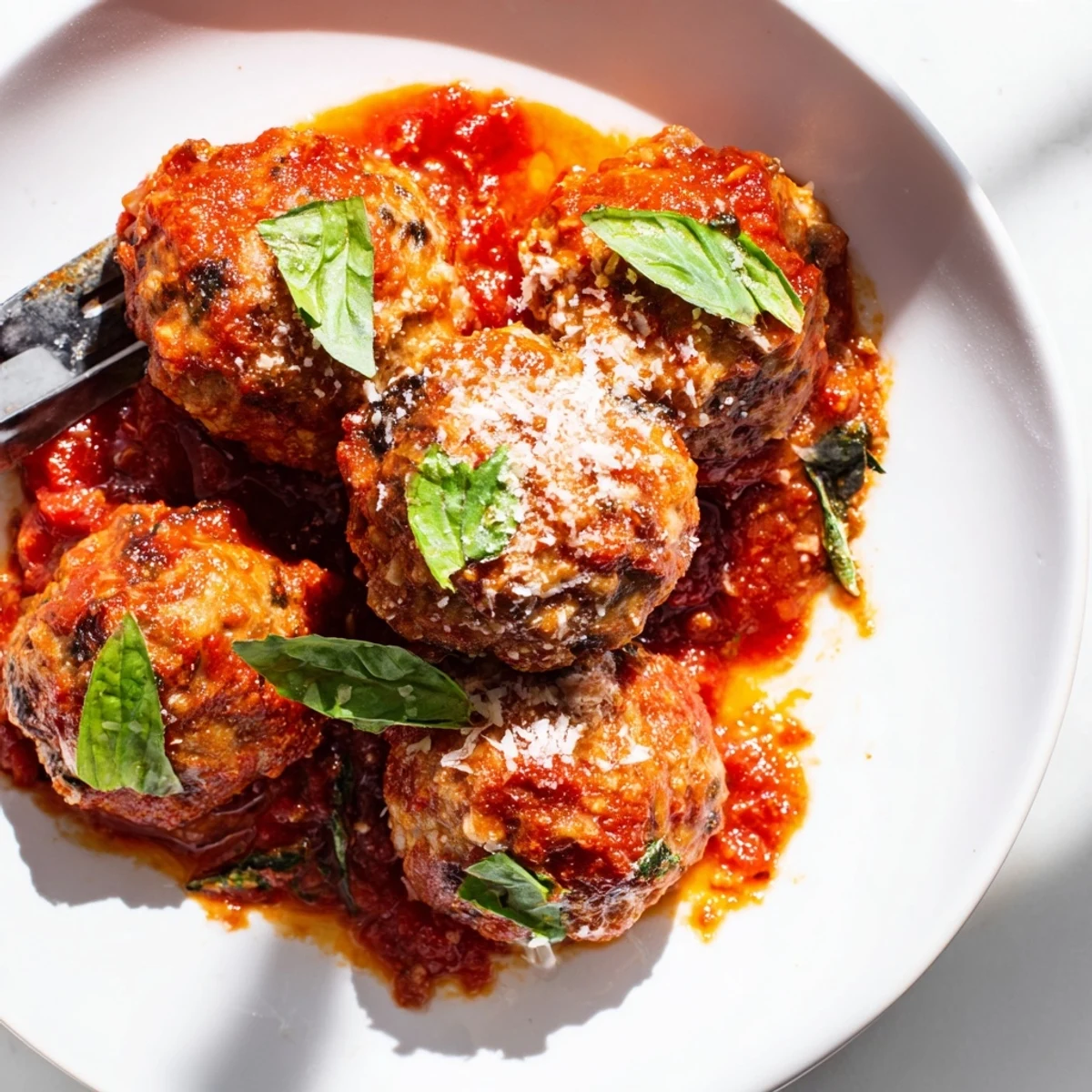 A close-up of Ricotta and Mushroom Meatballs with tomato sauce and fresh basil, perfect for a hearty Italian dinner.