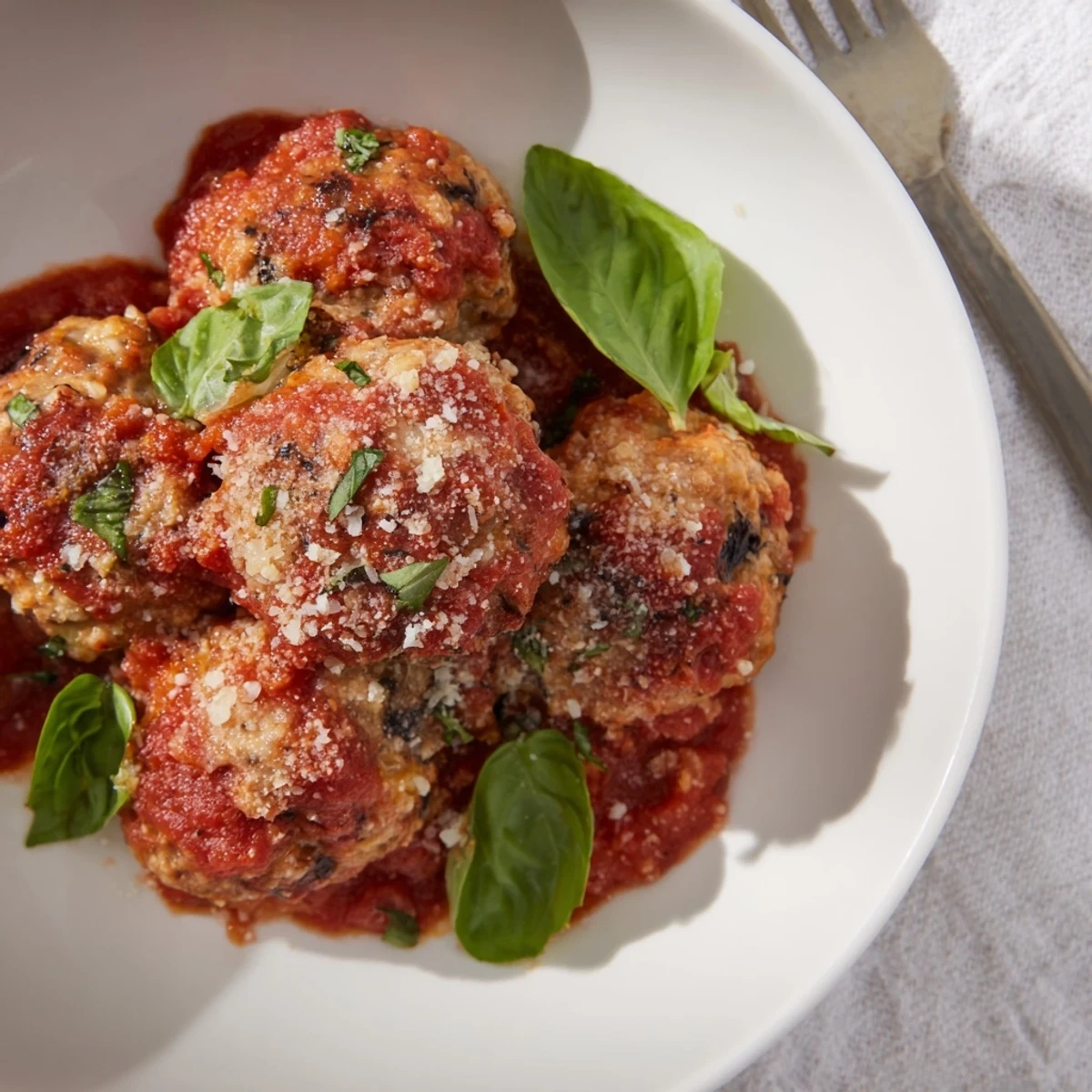 Hearty vegetarian Ricotta and Mushroom Meatballs in tomato sauce, topped with Parmesan and herbs, ideal for a sandwich or pasta.