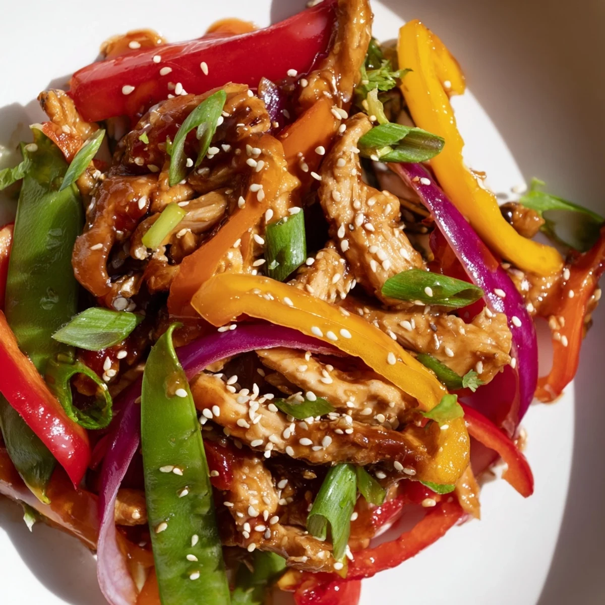 Juicy sliced chicken and crisp bell peppers glisten in a sweet chilli glaze in the Quick Sweet Chilli Chicken Stir Fry, served hot with steamed rice.