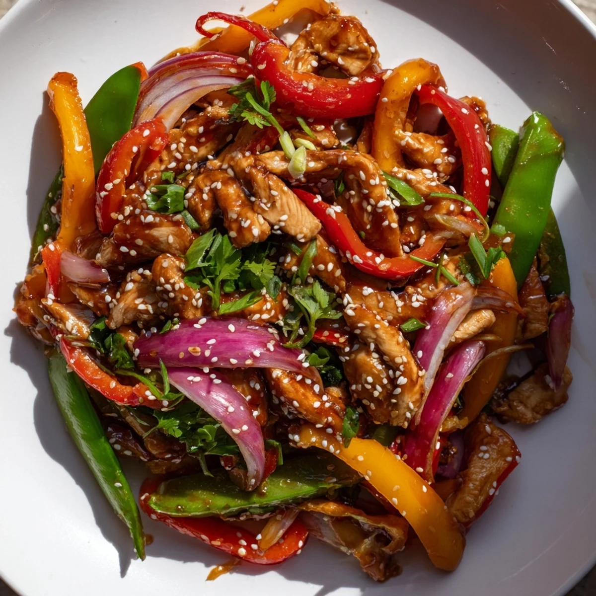 The Quick Sweet Chilli Chicken Stir Fry features sizzling chicken, snap peas, and onions coated in a fragrant Asian-inspired sauce, perfect for a quick dinner.
