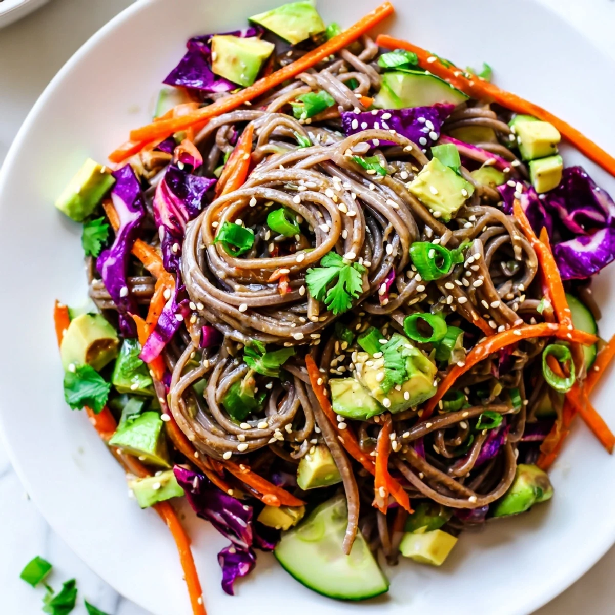 Cool sesame dressing coats cooked soba noodles, diced avocado, red cabbage, and carrots in this refreshing Sesame Avocado and Soba Noodle Salad.