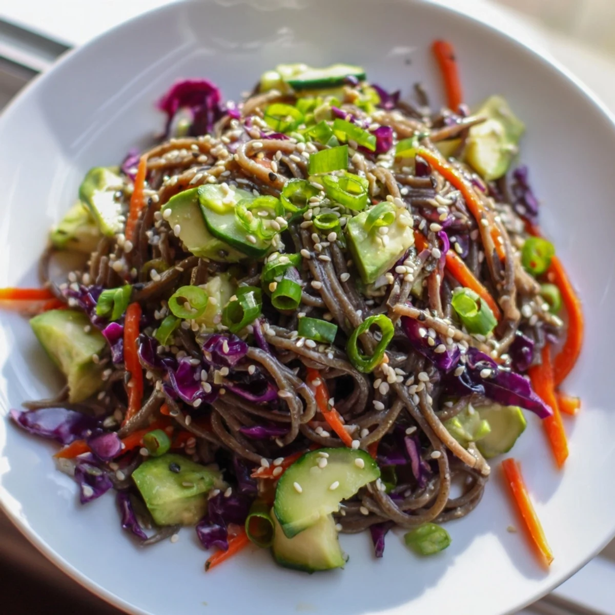 Serve this colorful Sesame Avocado and Soba Noodle Salad garnished with green onions and sesame seeds for a quick, healthy vegan lunch.