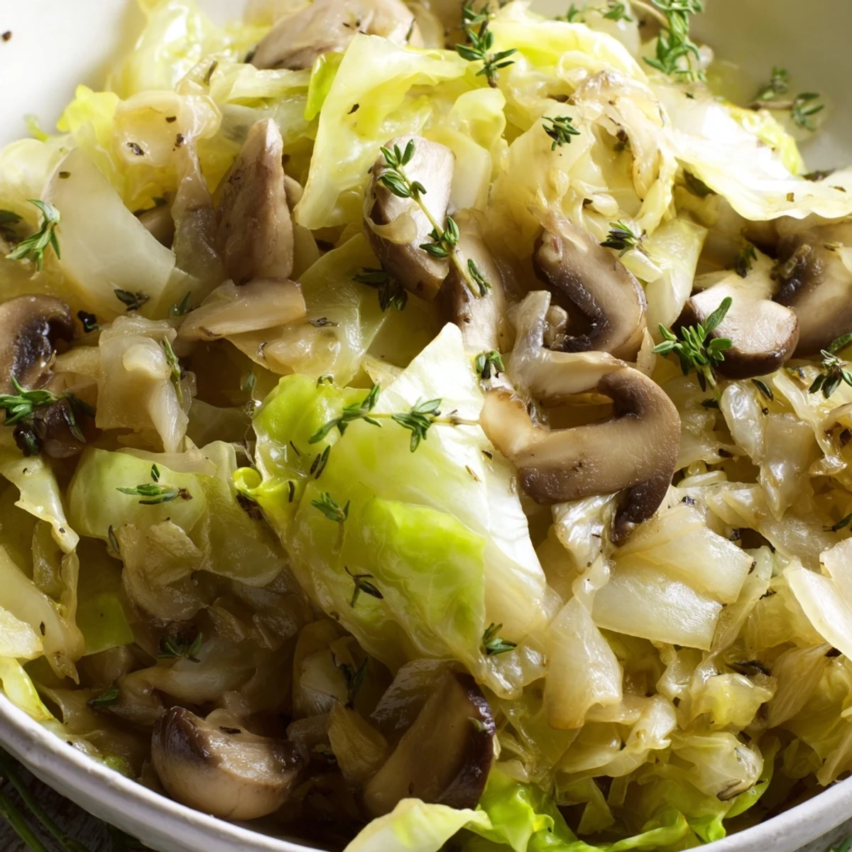 Tender cabbage and browned mushrooms create a savory side dish in this Vegetarian Cabbage Mushroom Sauté.
