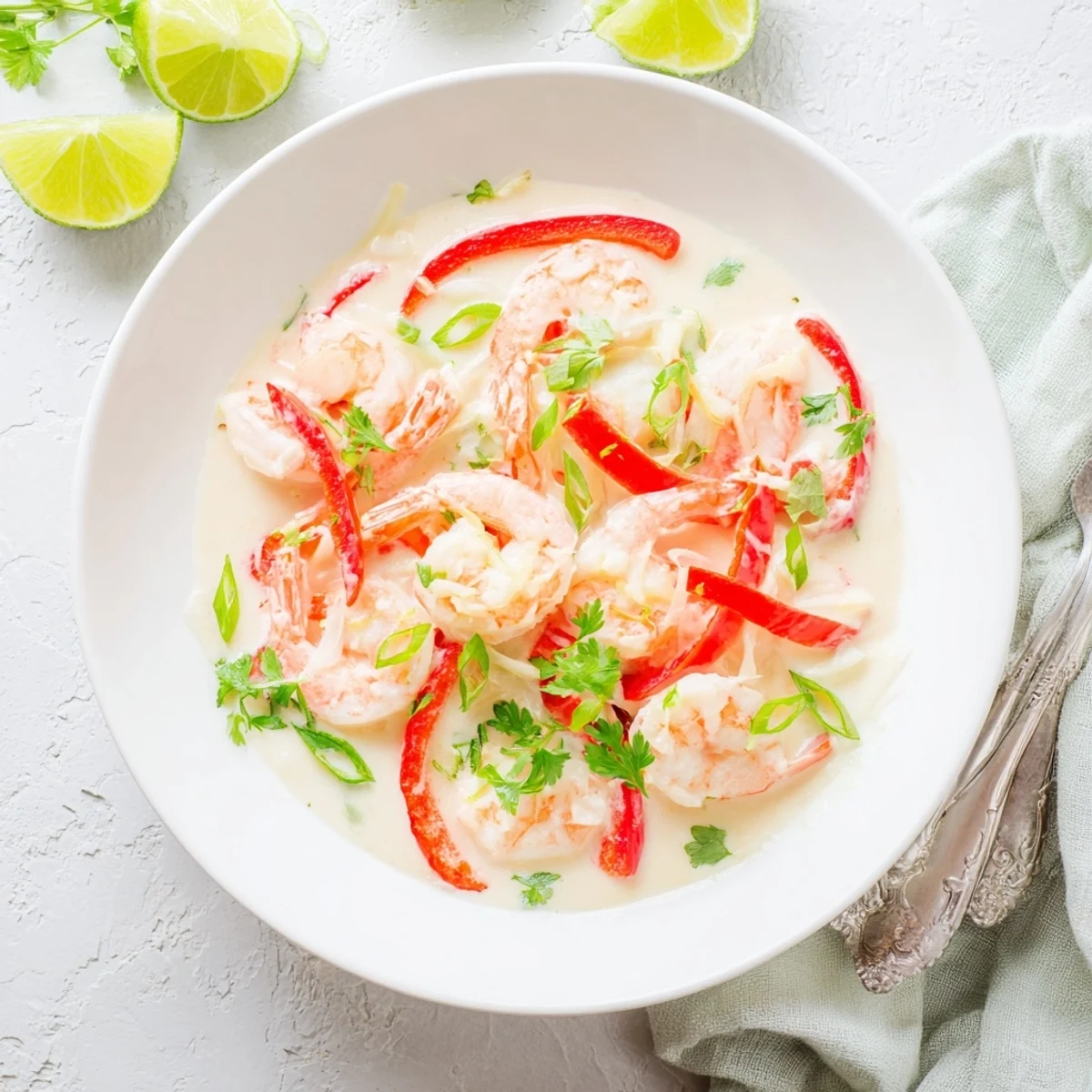 Creamy Coconut Shrimp Buffet Style served in a chafing dish, garnished with fresh cilantro and lime wedges.