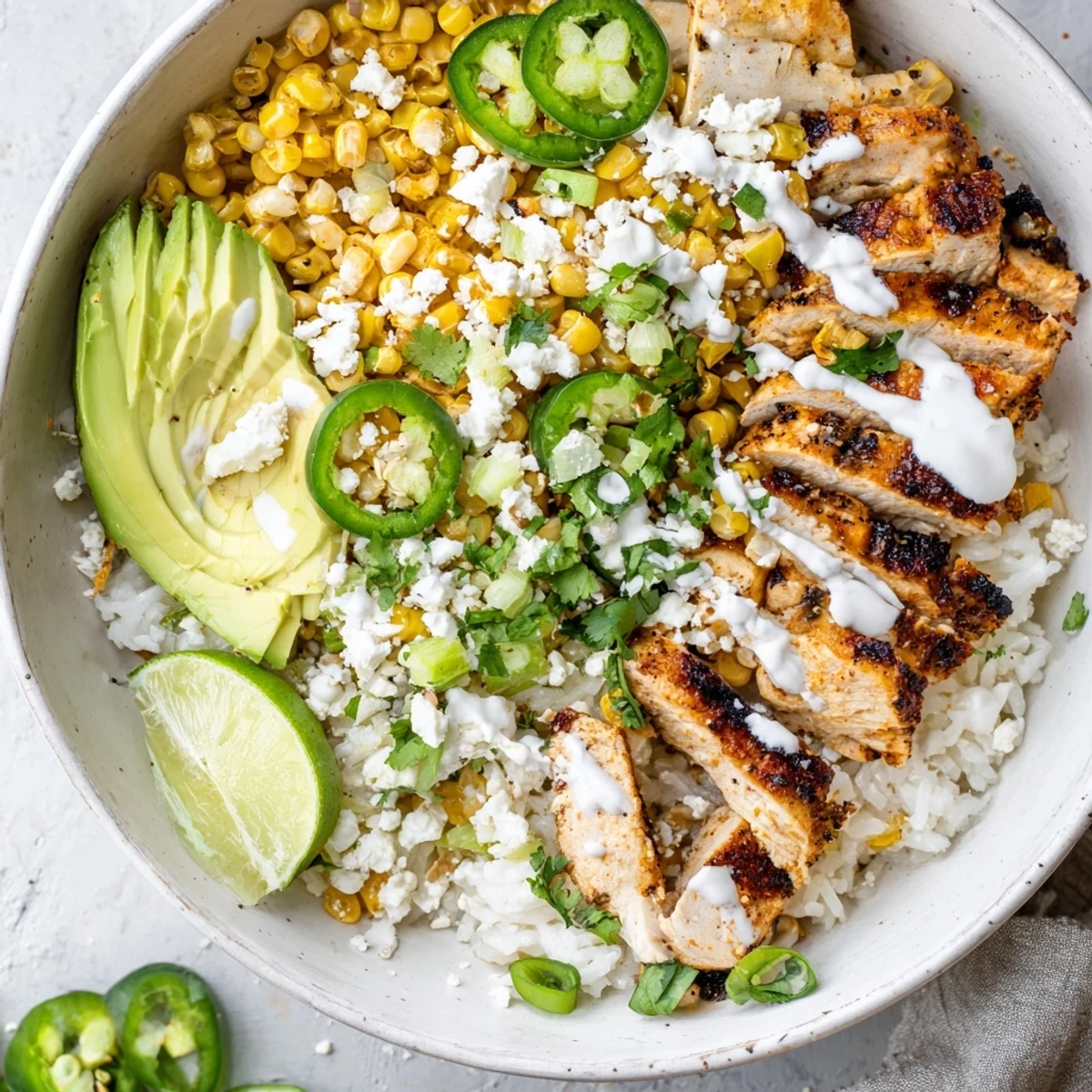 A colorful Mexican-inspired Street Corn Chicken Bowl featuring smoky grilled chicken, lime crema, and fresh toppings for a gluten-free dinner.