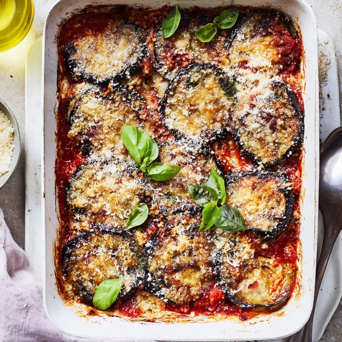 Slices of smoky charred aubergine layered with tomato sauce and melted mozzarella in the Charred Aubergine Parmigiana.