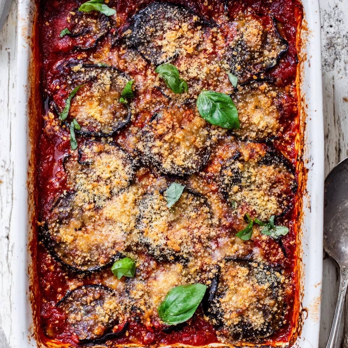 A bubbling, golden baked Charred Aubergine Parmigiana served warm, ready to scoop onto plates for dinner.