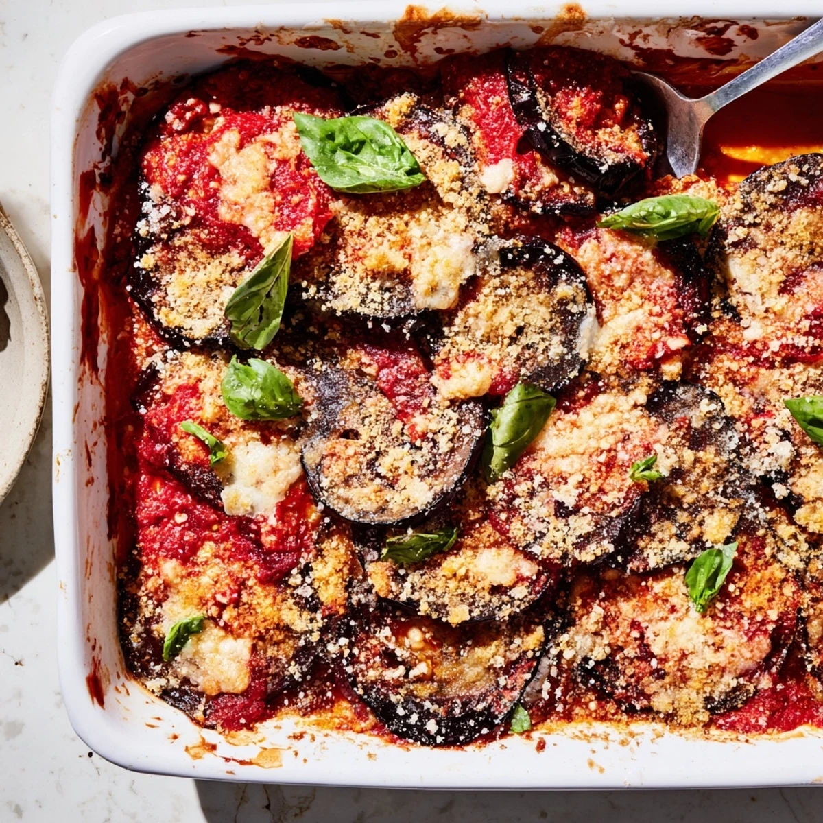 Charred Aubergine Parmigiana fresh from the oven with fresh basil garnish and Parmesan cheese on top.