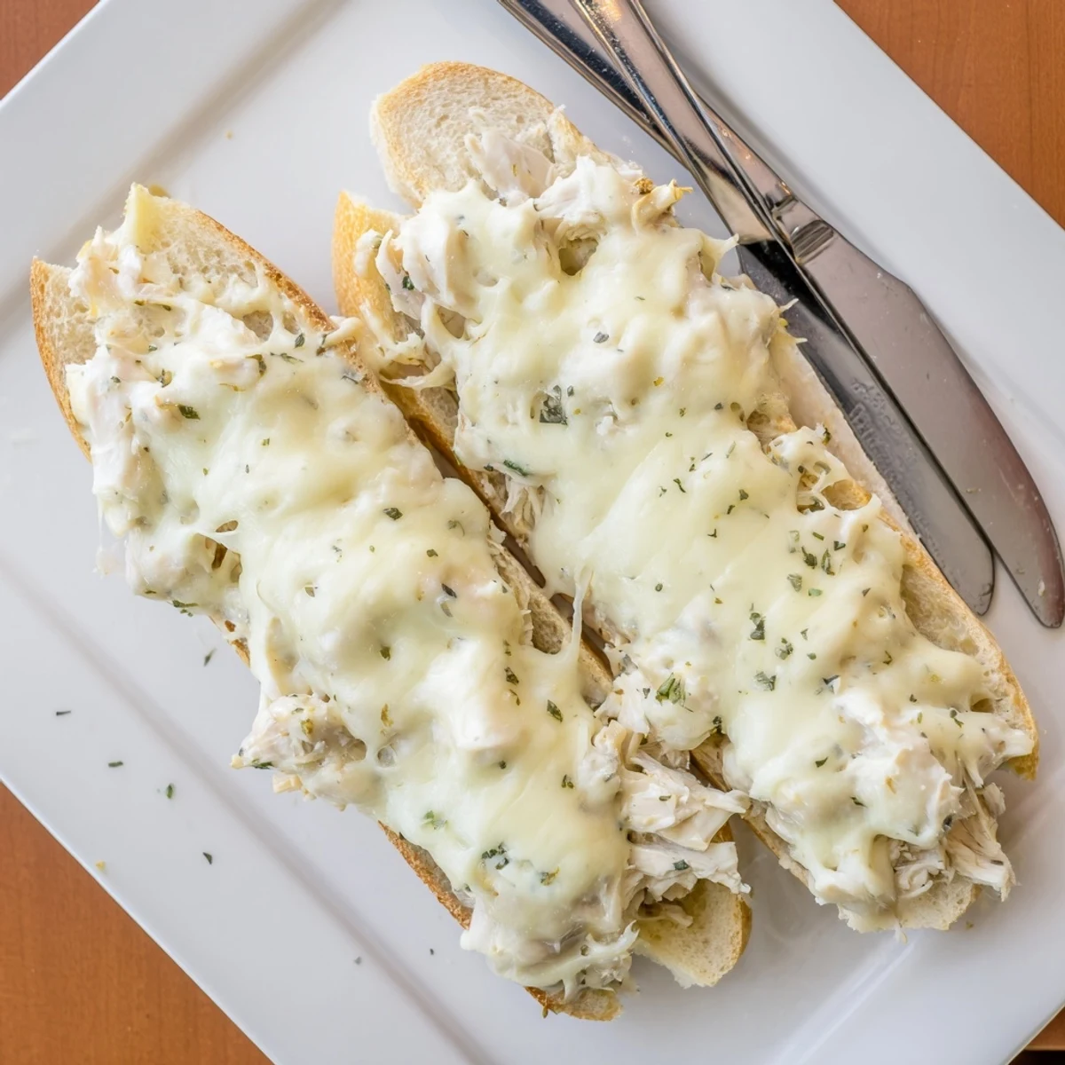 Fresh parsley garnishes this easy Viral Chicken Alfredo Garlic Bread appetizer baked until bubbly and golden.