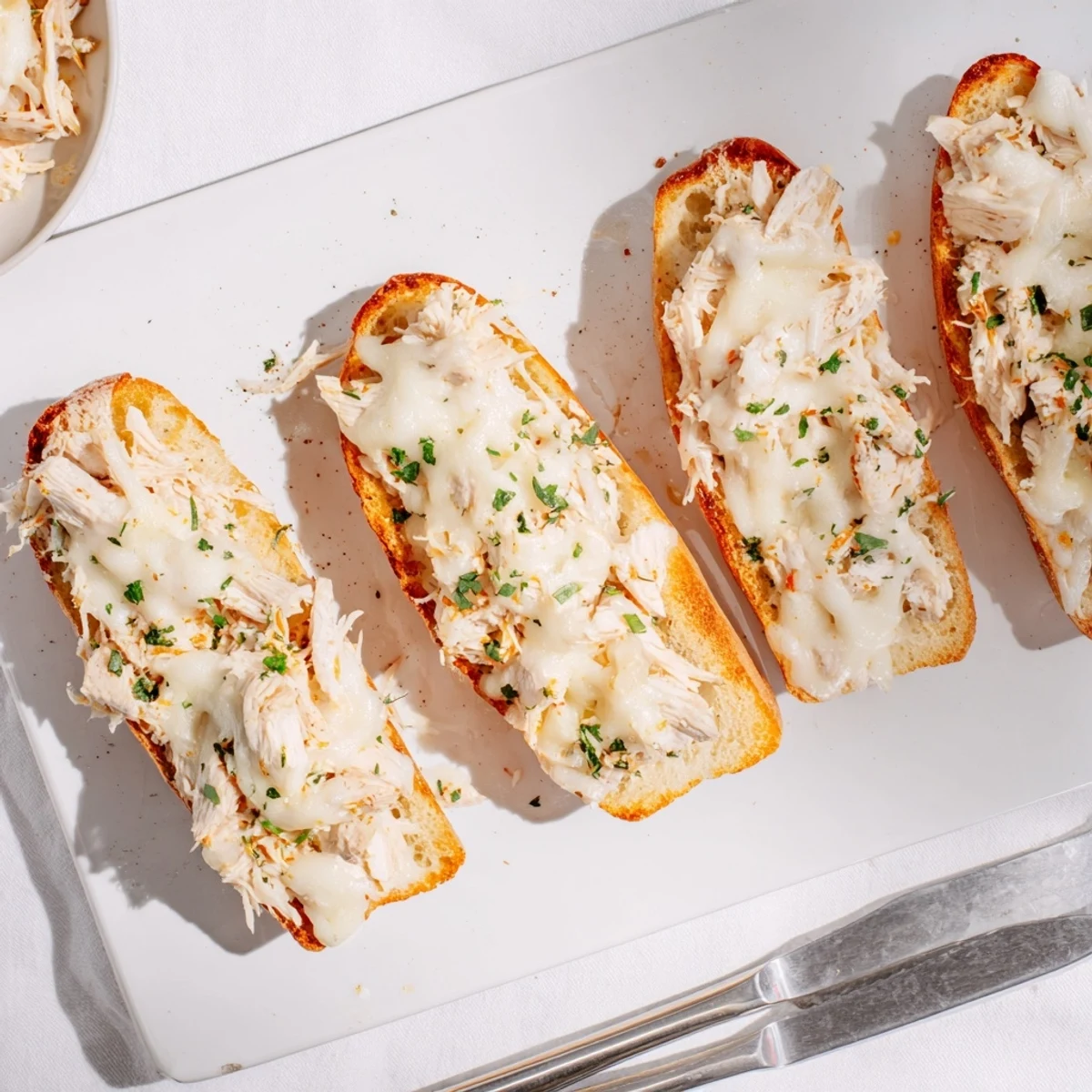 Crispy golden garlic bread topped with creamy chicken Alfredo and melted mozzarella provolone blend.