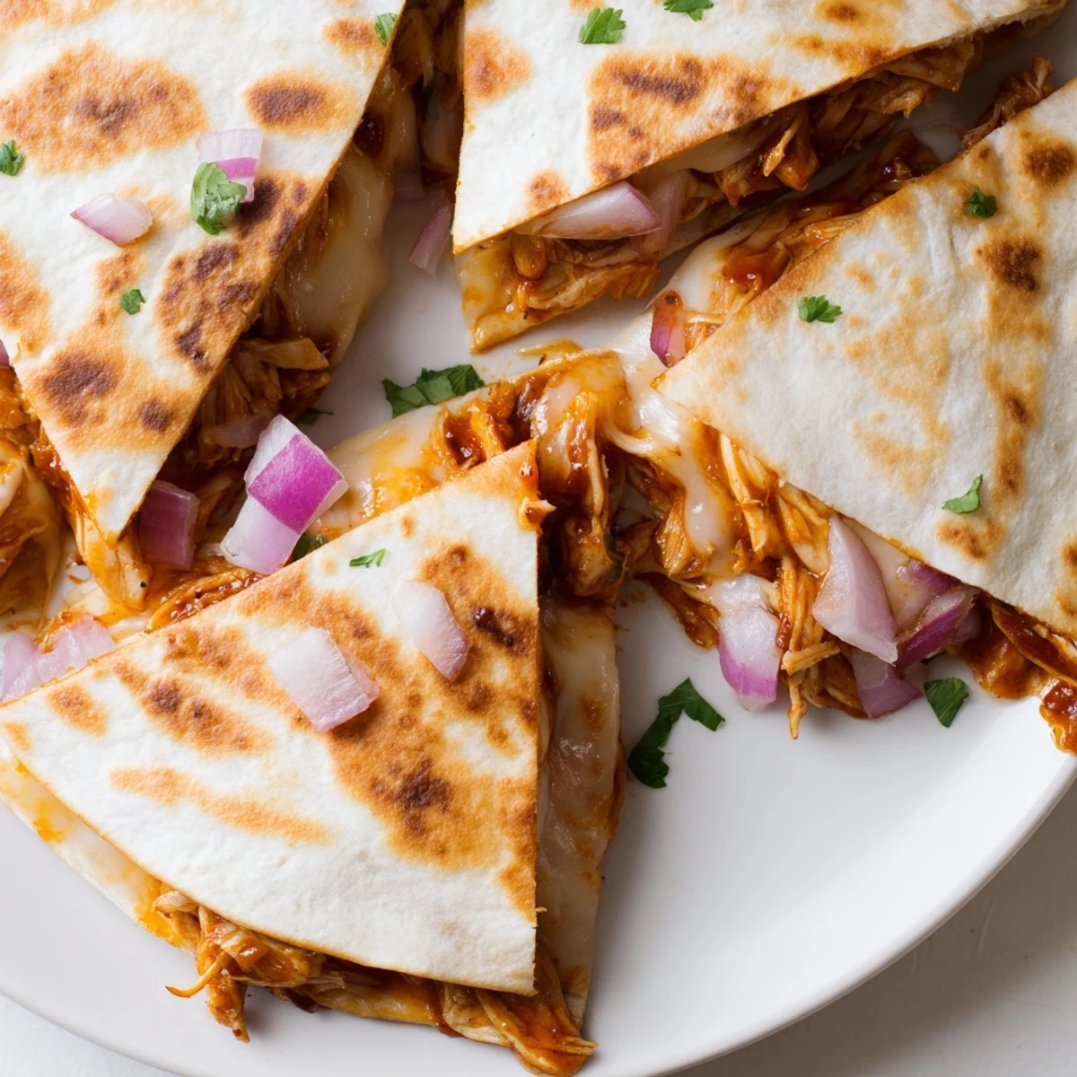 Hot Honey BBQ Chicken Quesadillas stacked on a cutting board, showcasing tender shredded chicken and melted cheese inside crispy tortillas.