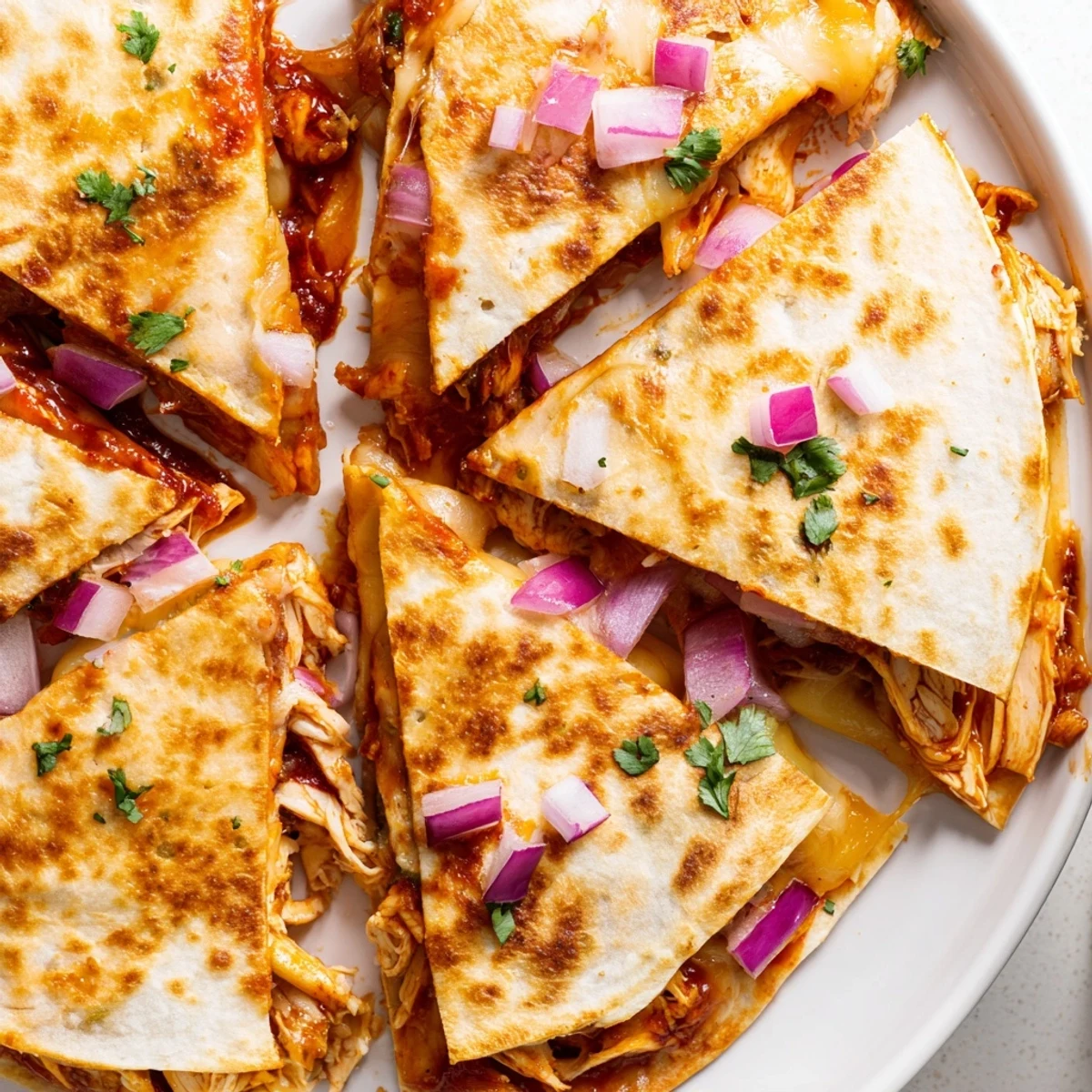 Sizzling Hot Honey BBQ Chicken Quesadillas in a skillet, with melted cheese and smoky sauce bubbling up from the edges.