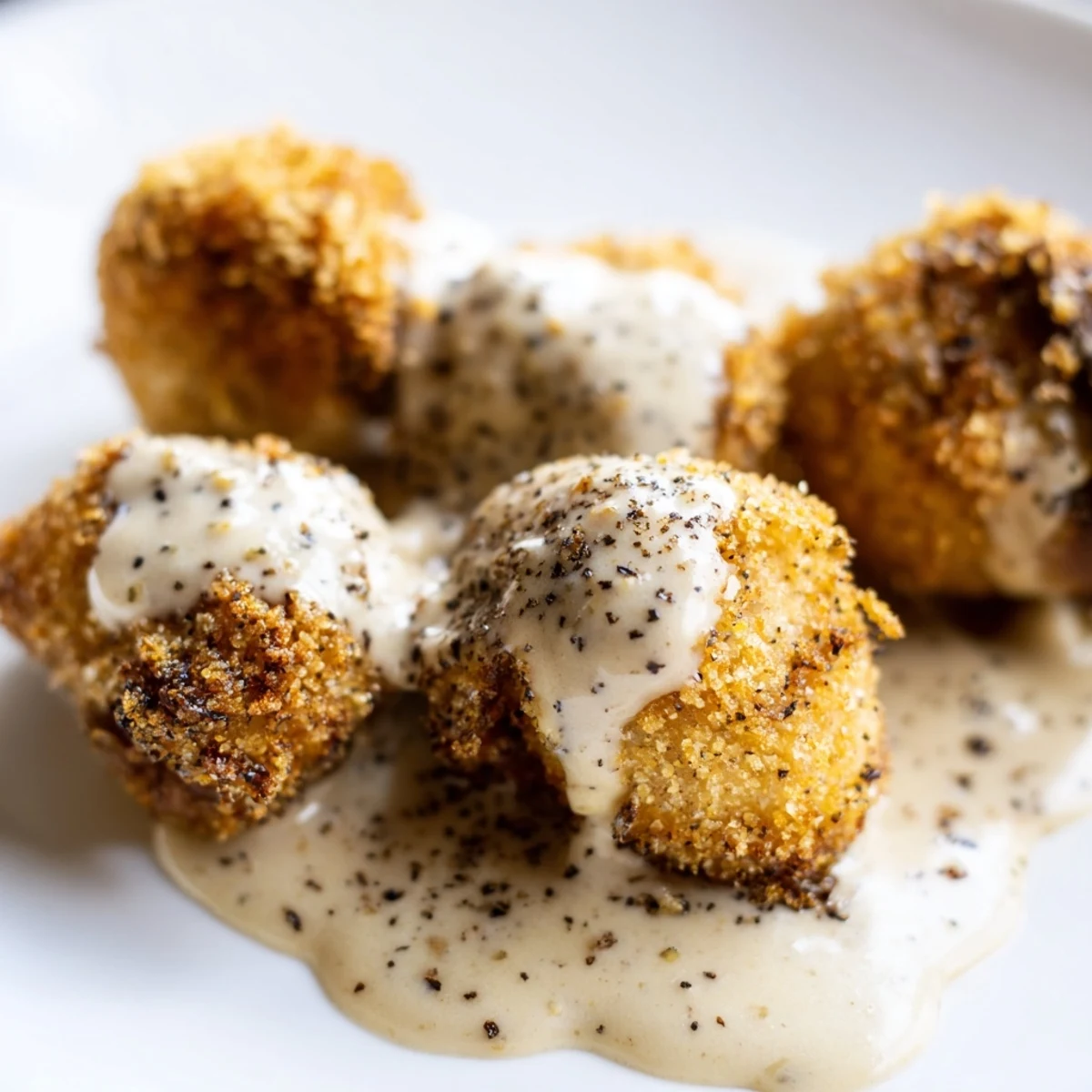 Golden-battered Chicken Fried Mushrooms with Gravy are served on a rustic plate, oozing creamy peppery sauce.  