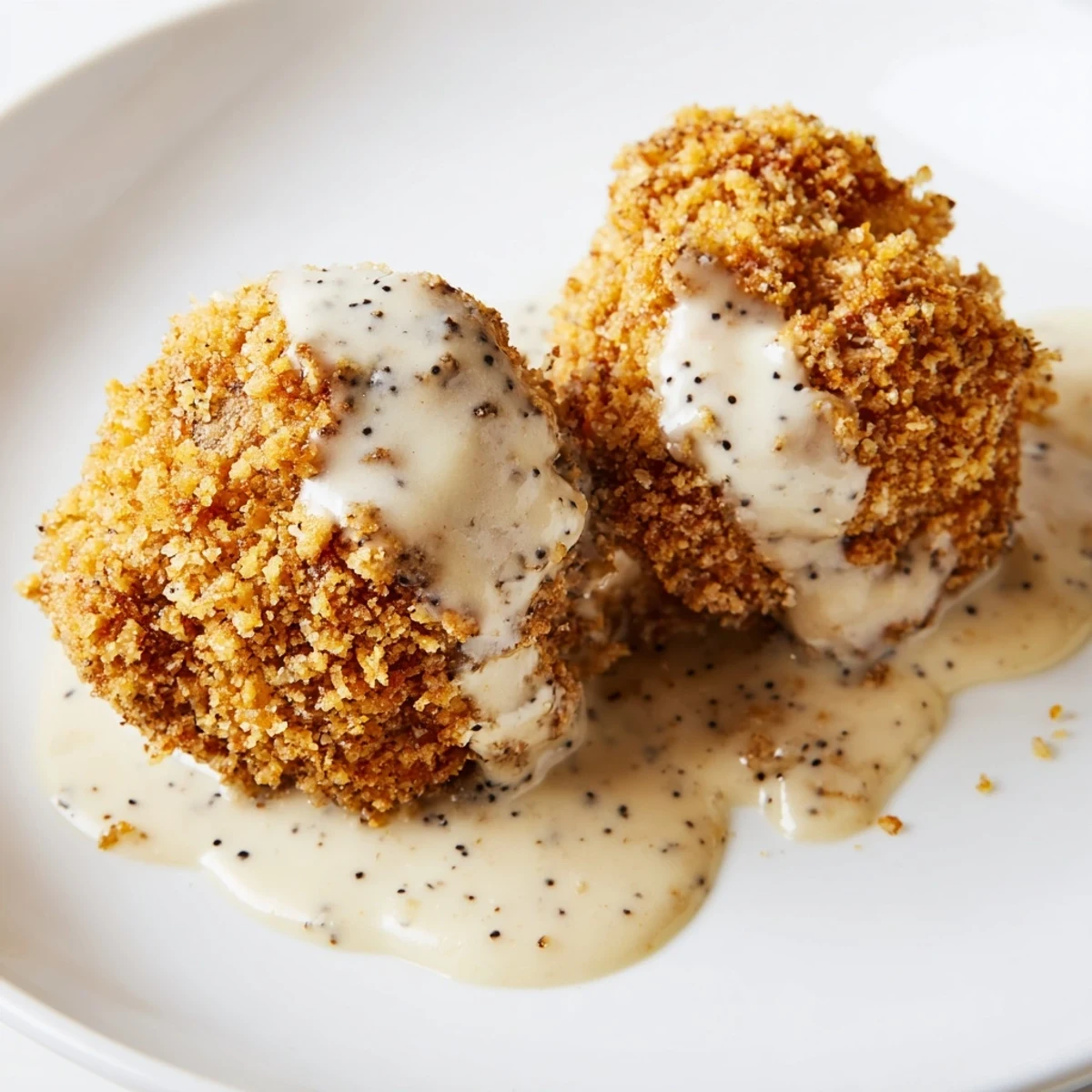 Southern-style Chicken Fried Mushrooms with Gravy on a platter, garnished with fresh parsley, ready to serve.
