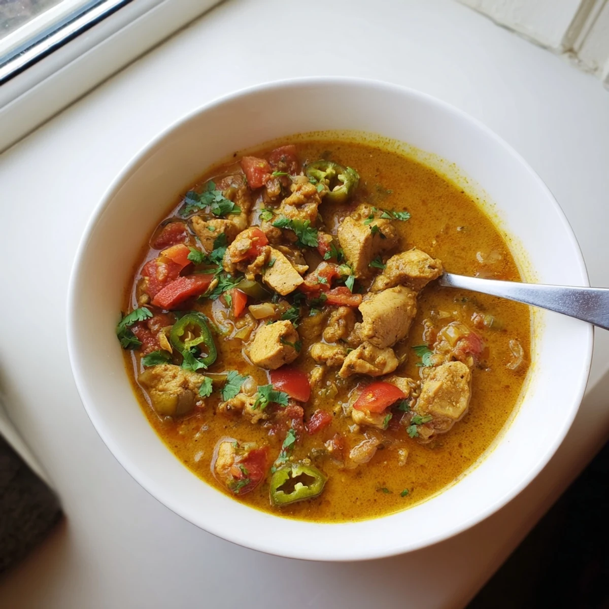 Close-up view of rich, golden-brown Spiced Chicken Curry with Ginger, Garlic & Jalapeño, highlighting the tender meat and aromatic sauce in a rustic serving bowl.
