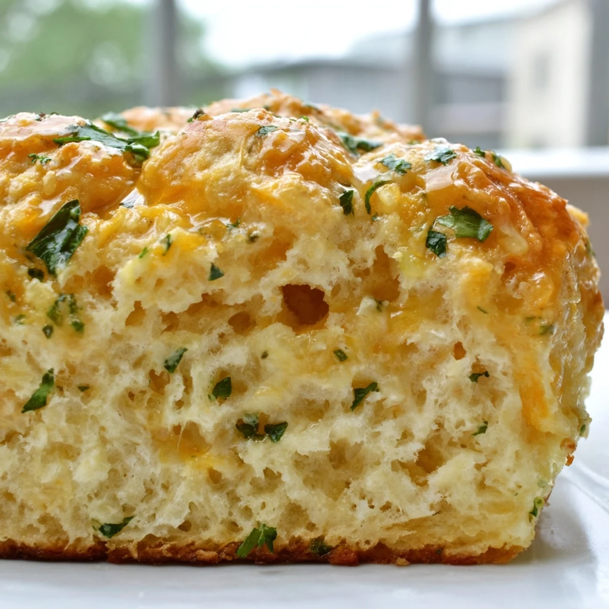 Freshly baked Red Lobsters Cheddar Bay Biscuit Loaf sliced on a wooden board, displaying a golden crust.