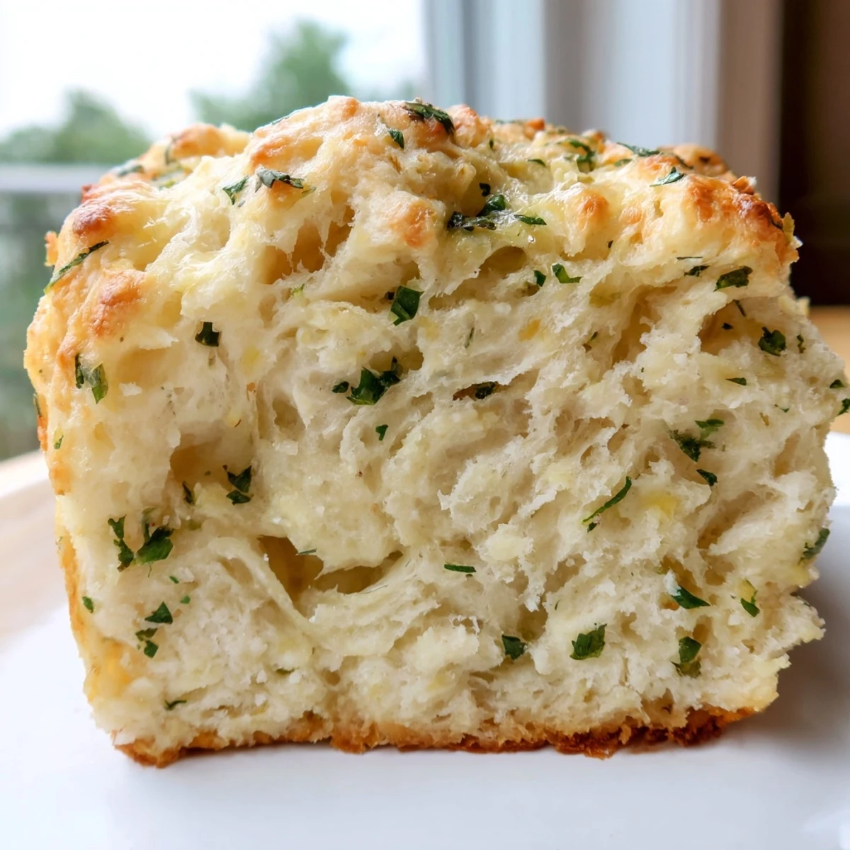 Golden loaf of Red Lobsters Cheddar Bay Biscuit Loaf resting on a cooling rack next to soup.