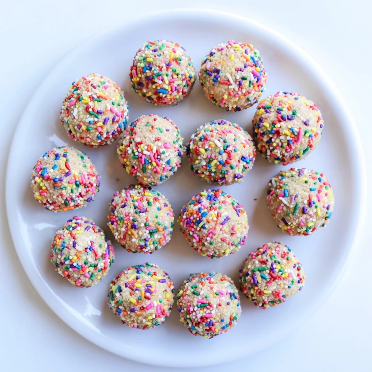 Homemade Birthday Cake Batter Protein Balls with rainbow sprinkles on a white plate.