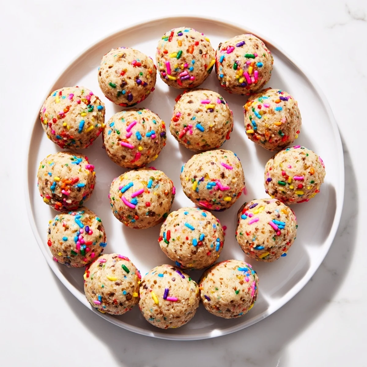 A close-up of Birthday Cake Batter Protein Balls, showing a soft, chewy texture and vanilla flecks.