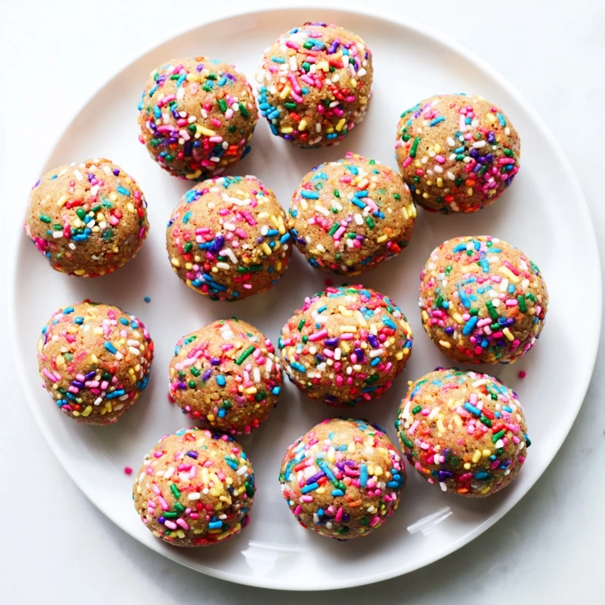 Stacked Birthday Cake Batter Protein Balls arranged on parchment paper, ready for a healthy snack.