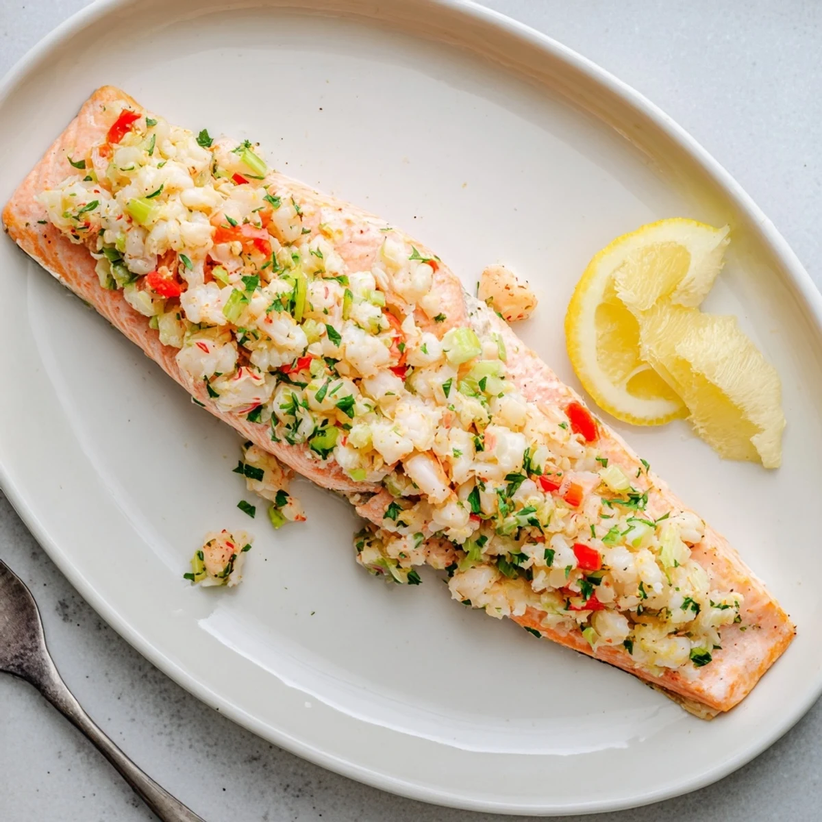 Golden-baked Crab & Shrimp Stuffed Salmon fillets resting on a white plate, garnished with fresh parsley and lemon wedges for a bright citrus aroma.