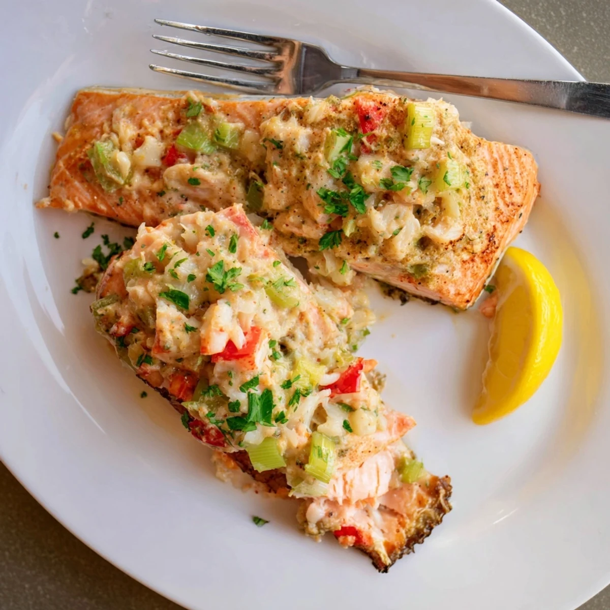 Crab & Shrimp Stuffed Salmon served on a wooden board with asparagus and white wine, highlighting the savory, elegant main course presentation.