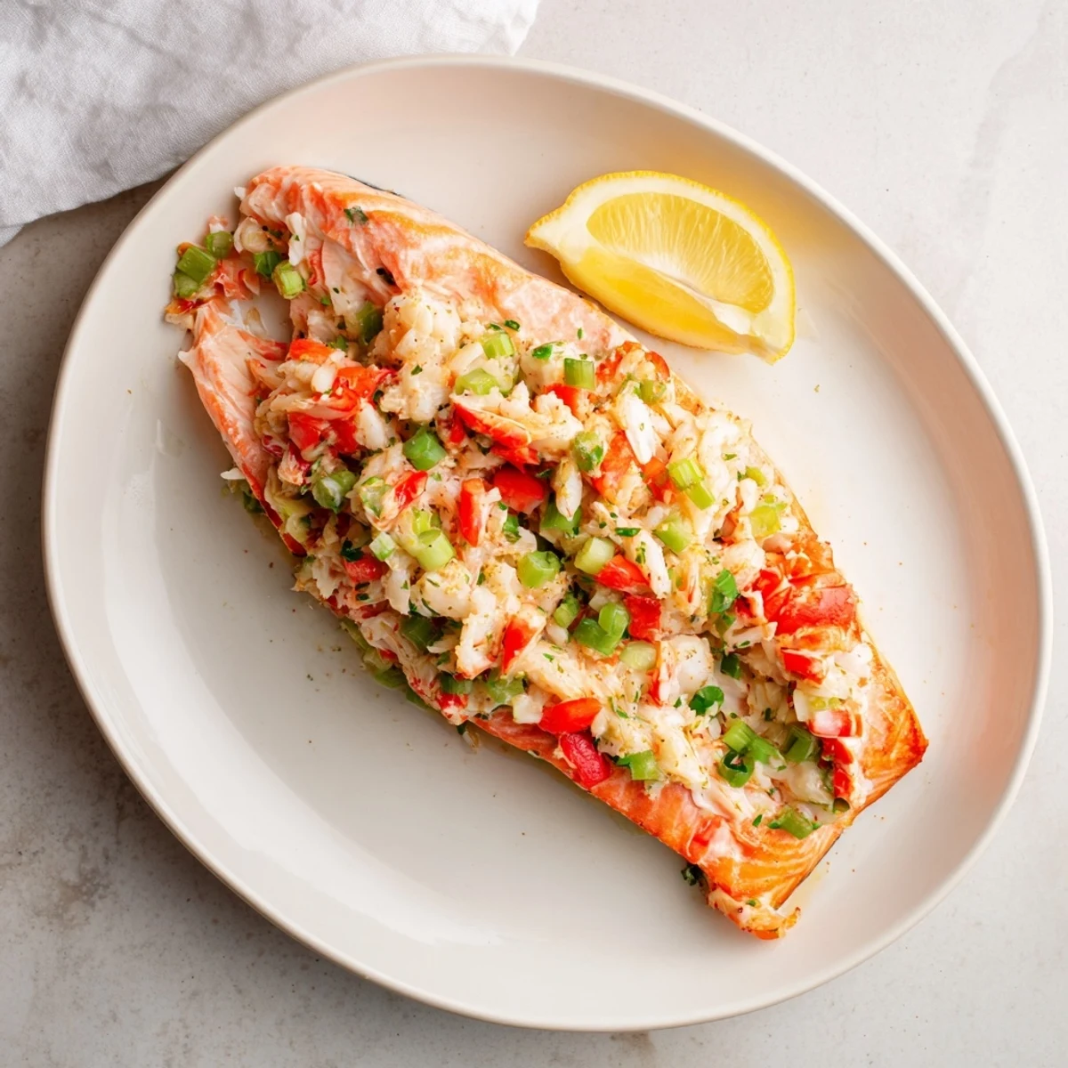 Tender salmon fillet opened to reveal a hearty Crab & Shrimp Stuffed Salmon filling, featuring creamy binder and chopped vegetables alongside seafood.