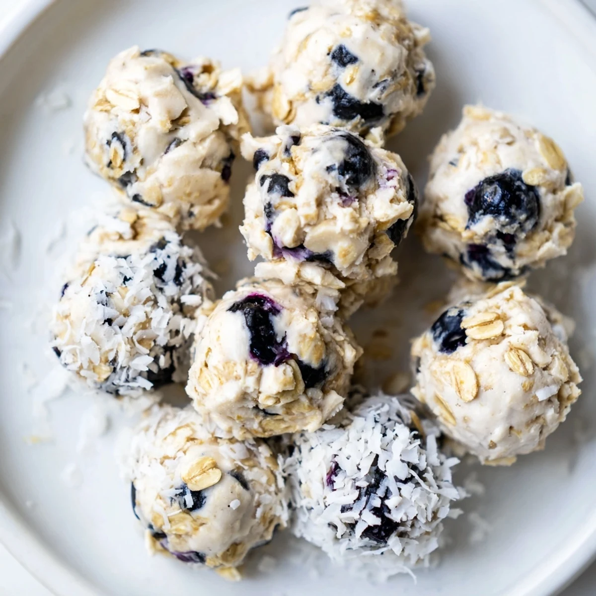 Fresh Lemon Blueberry Cottage Cheese Protein Bites on a plate with coconut coating.