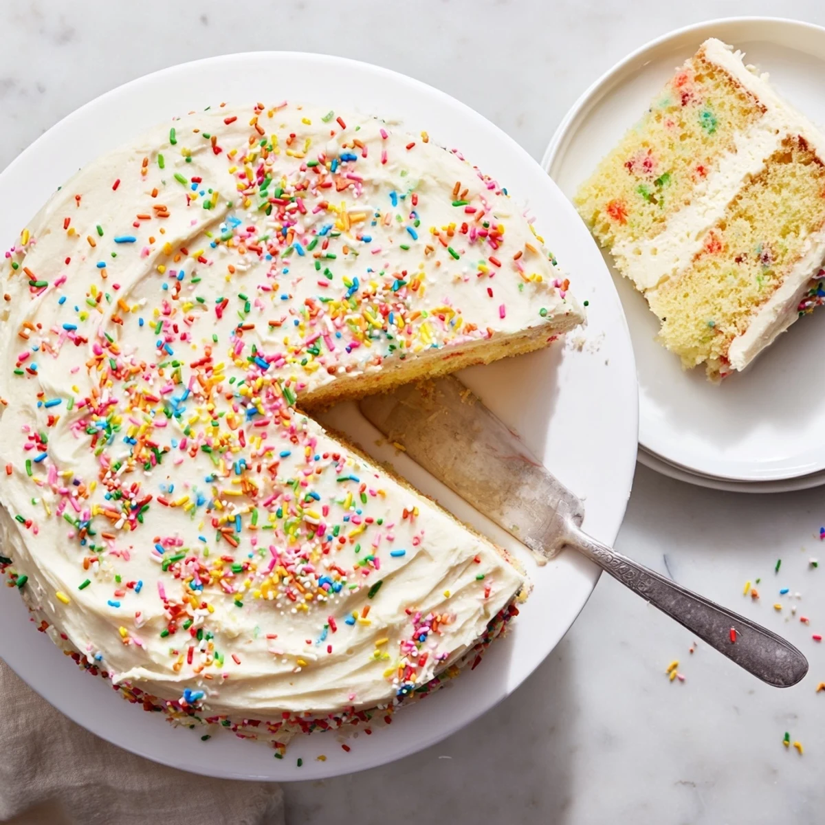 Slices of moist gluten-free funfetti birthday cake reveal colorful sprinkles and creamy vanilla frosting on a festive plate.