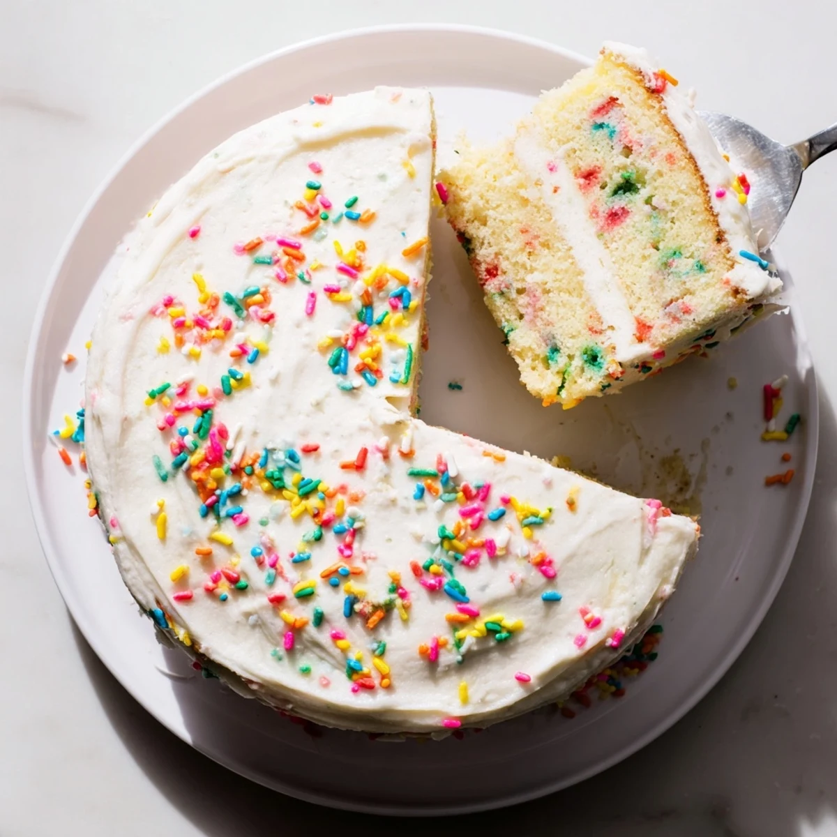A close-up of gluten-free funfetti birthday cake shows soft crumb and rainbow sprinkles with a side of milk.
