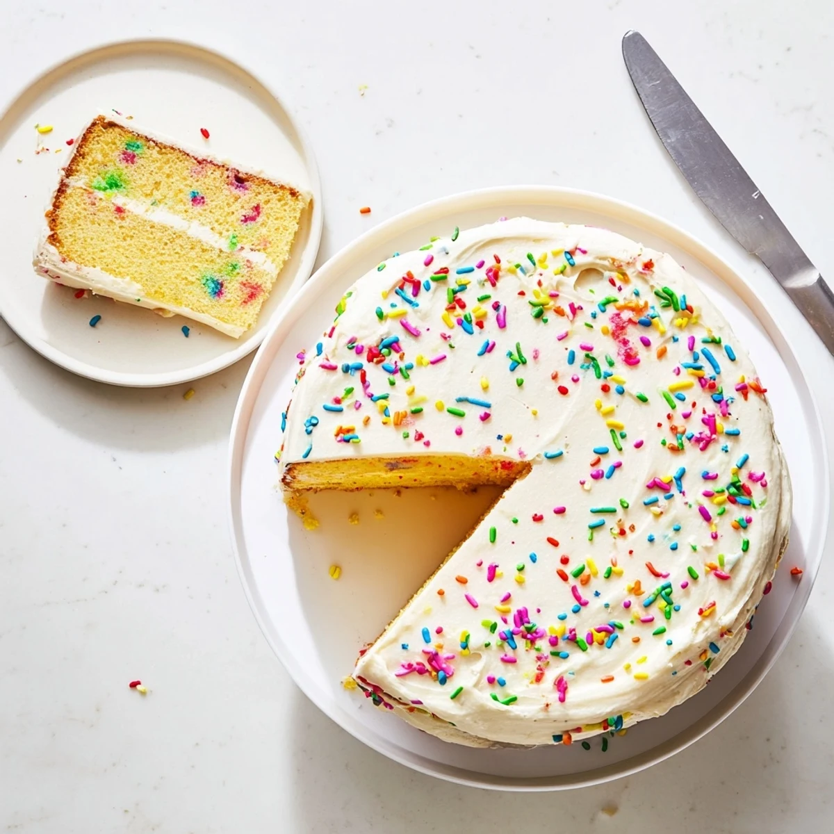 Gluten-free funfetti birthday cake layers with fluffy frosting and extra sprinkles are ready for a birthday celebration.