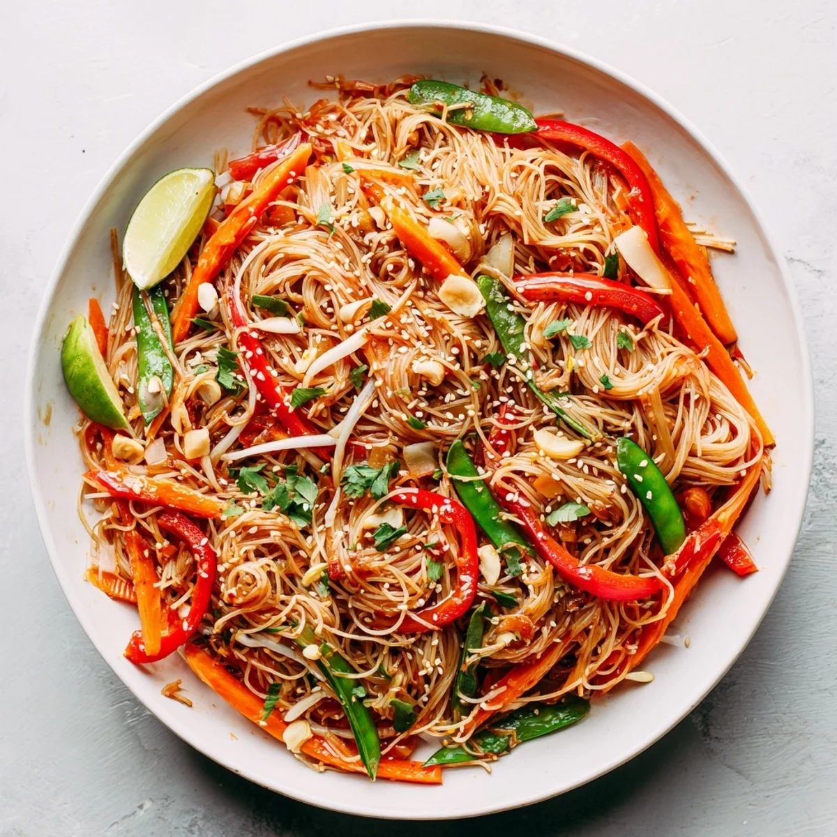 Freshly cooked Rice Noodle Stir Fry glimmers with sesame oil, piled high with crisp bell peppers and tender noodles.  