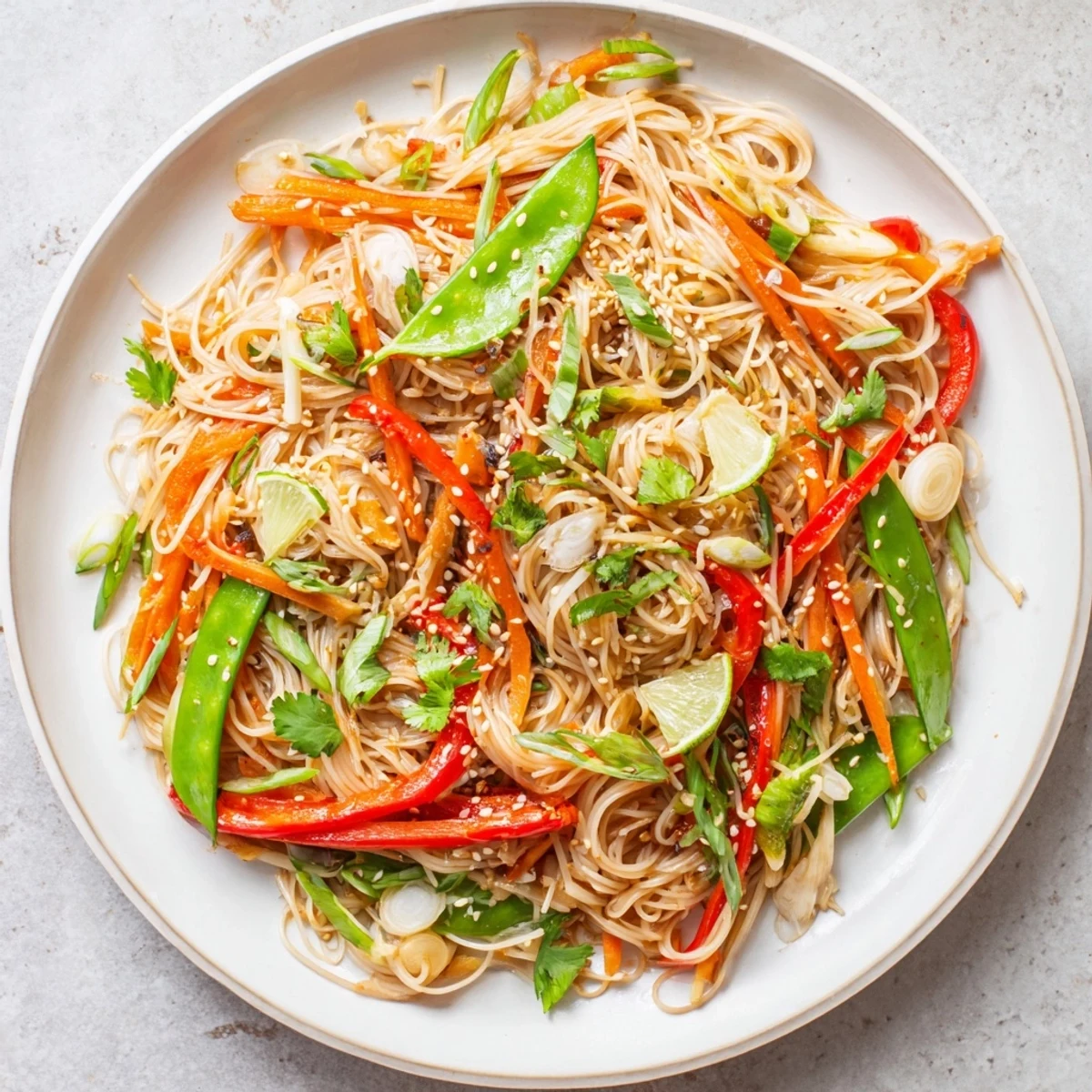 Close-up of Rice Noodle Stir Fry with lime wedges and toasted sesame seeds, perfect for a quick weeknight meal.