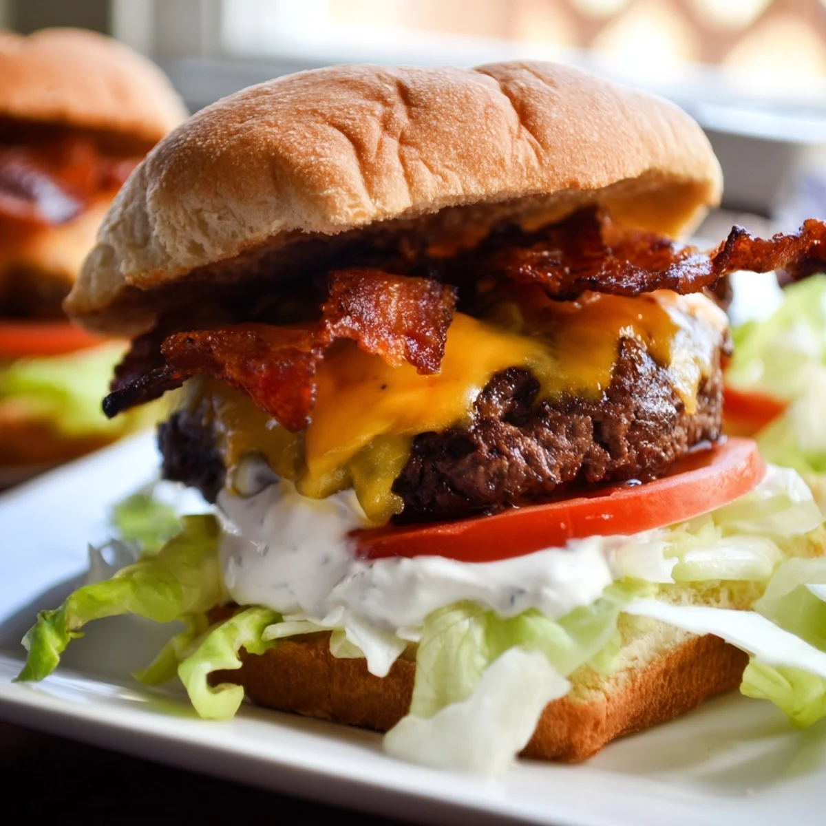 Toasted bun holding a juicy Crack Burger with melted cheddar, crispy bacon, and creamy ranch sauce.
