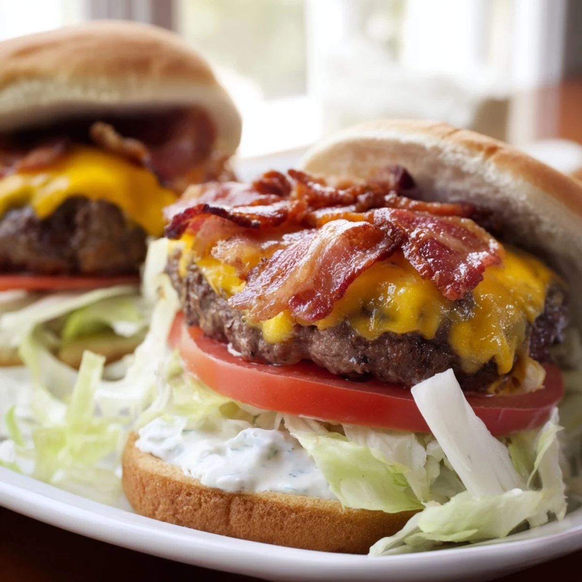 Close-up of a Crack Burger with melted cheese, ranch dressing, and crispy onions on a toasted bun.