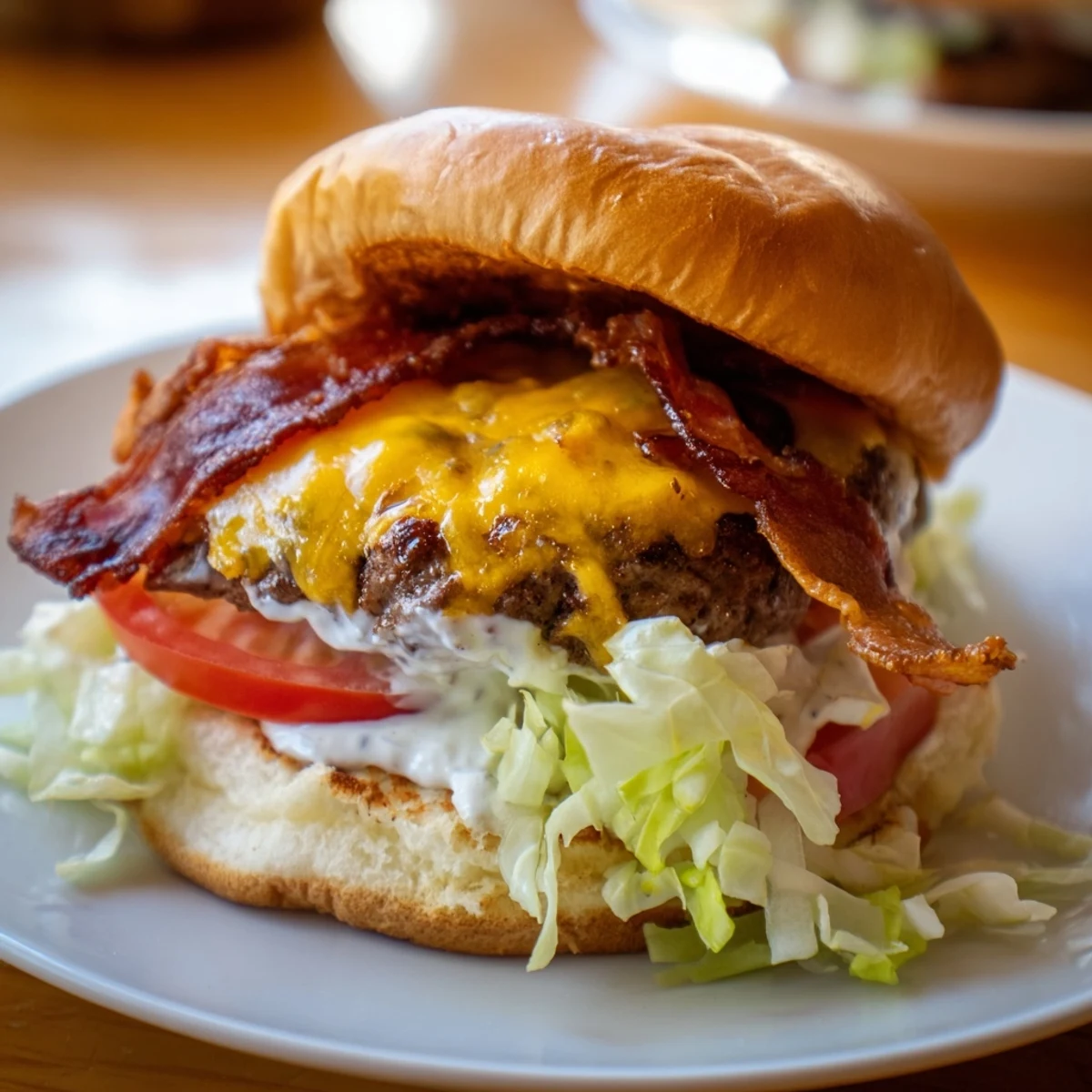 Crack Burger topped with crunchy bacon, lettuce, and tomato, served on a plate with golden fries.
