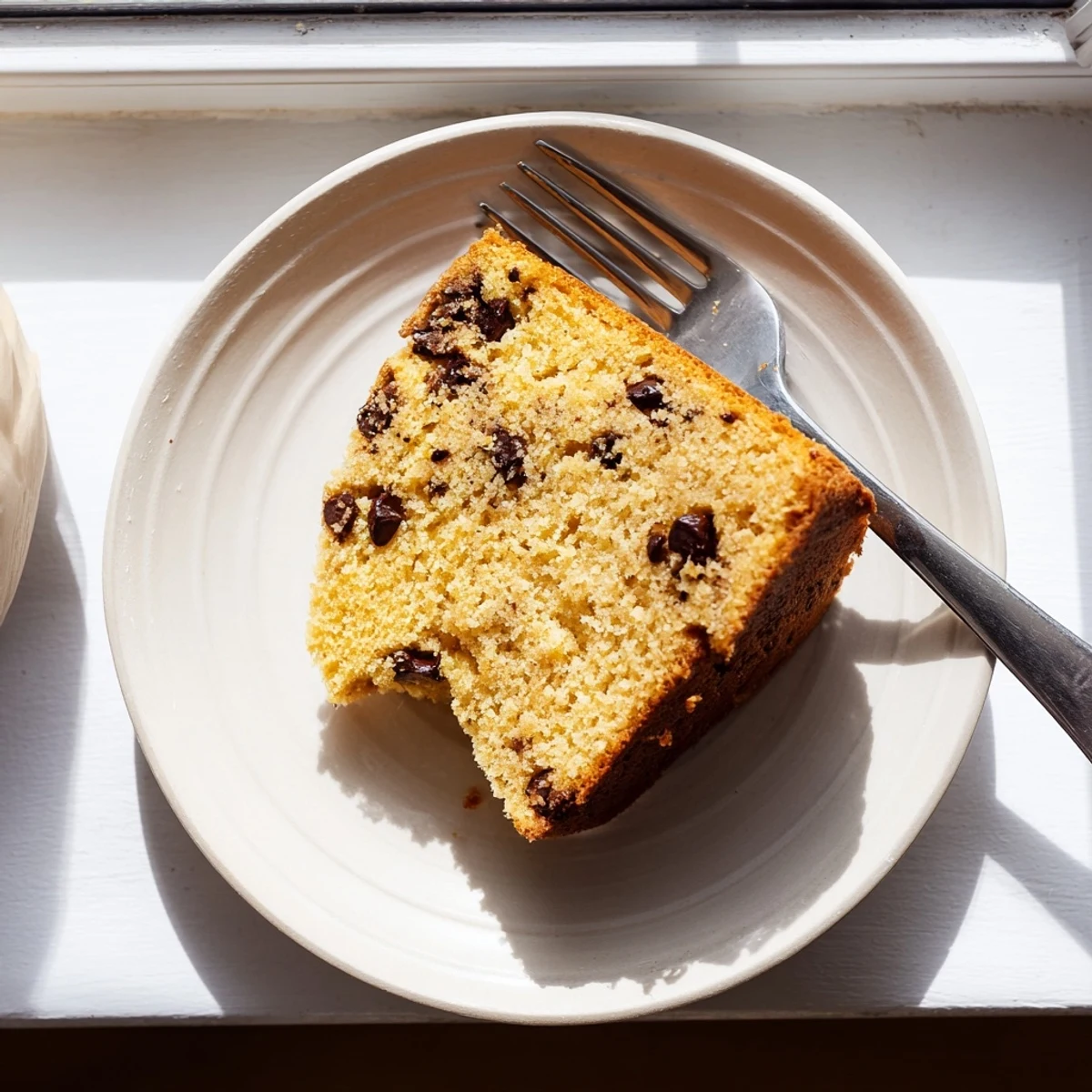 A close-up of a freshly baked Chocolate Chip Cake, its golden crumb studded with melting semi-sweet chocolate chips, ready to be served warm with vanilla ice cream.