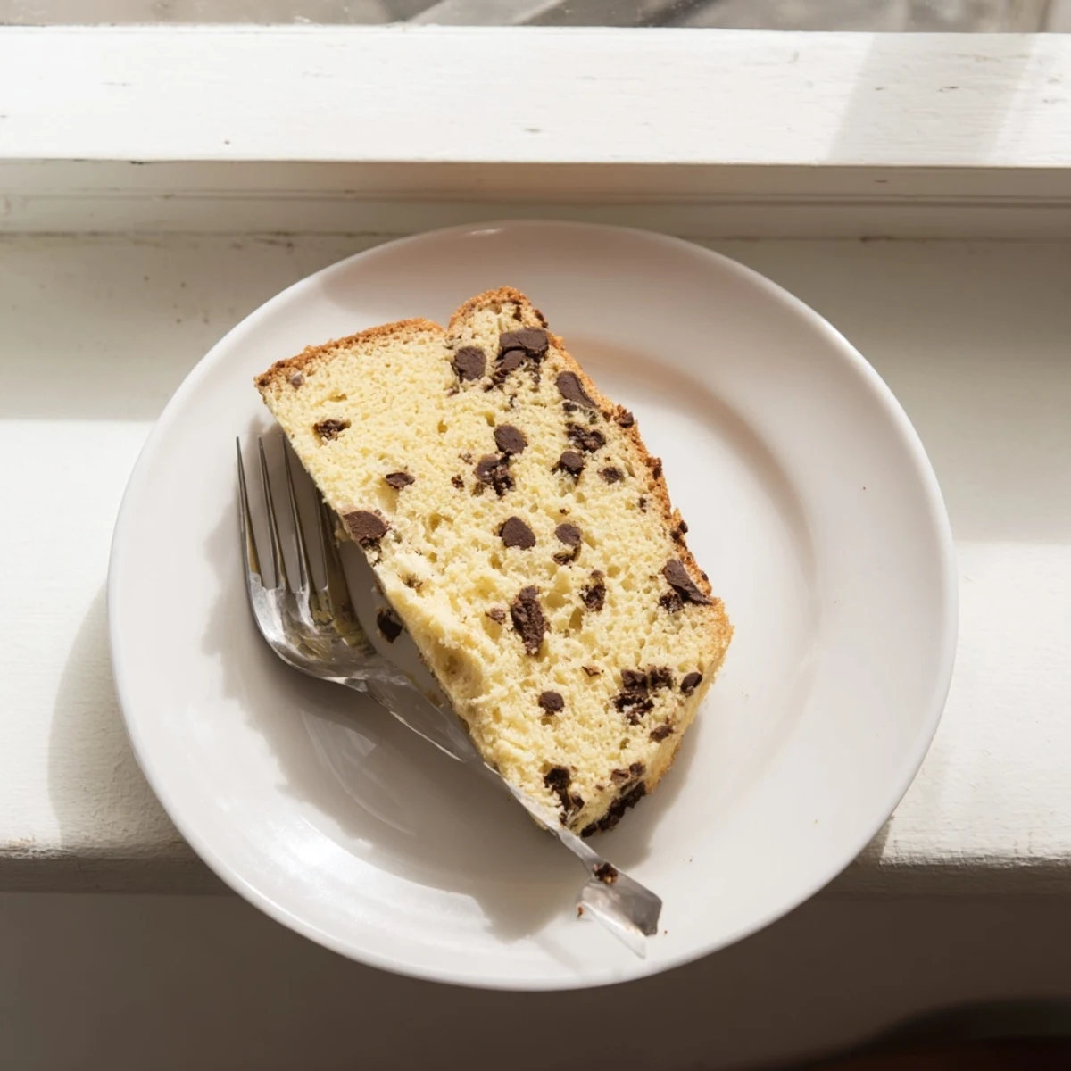 A beautiful slice of Chocolate Chip Cake on a white plate, showing a moist, tender interior loaded with chocolate chips and a light crumb texture.