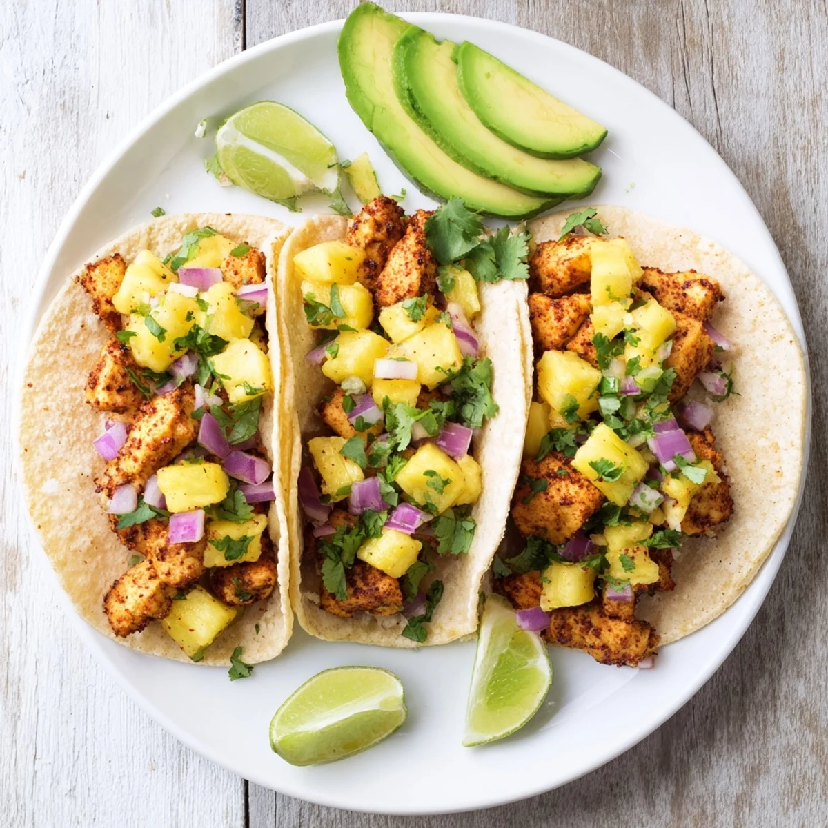 Tender grilled Pineapple Chicken Tacos topped with fresh pineapple salsa and creamy avocado slices for a vibrant dinner.