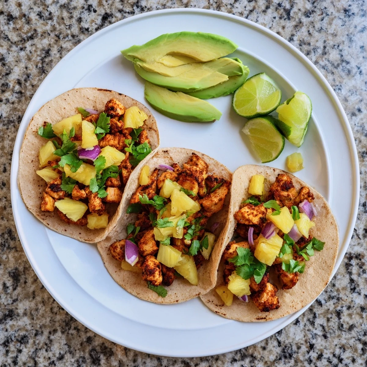 Spicy Pineapple Chicken Tacos garnished with cilantro and lime wedges, ready to serve on a rustic wooden plate.