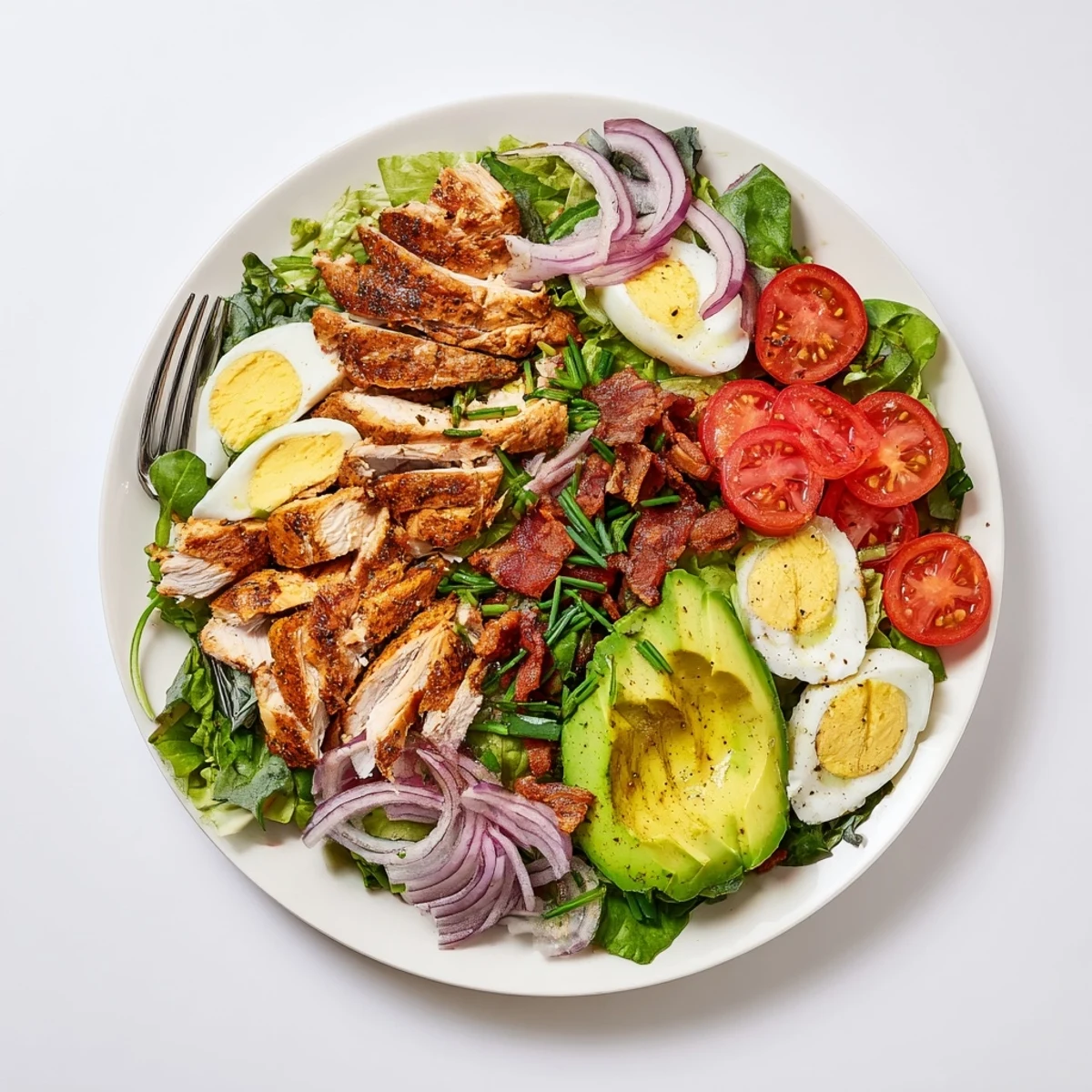 Vibrant slices of grilled chicken, red onion, and creamy avocado fill the platter for this Paleo Grilled Chicken Cobb Salad With Honey Dijon Dressing.