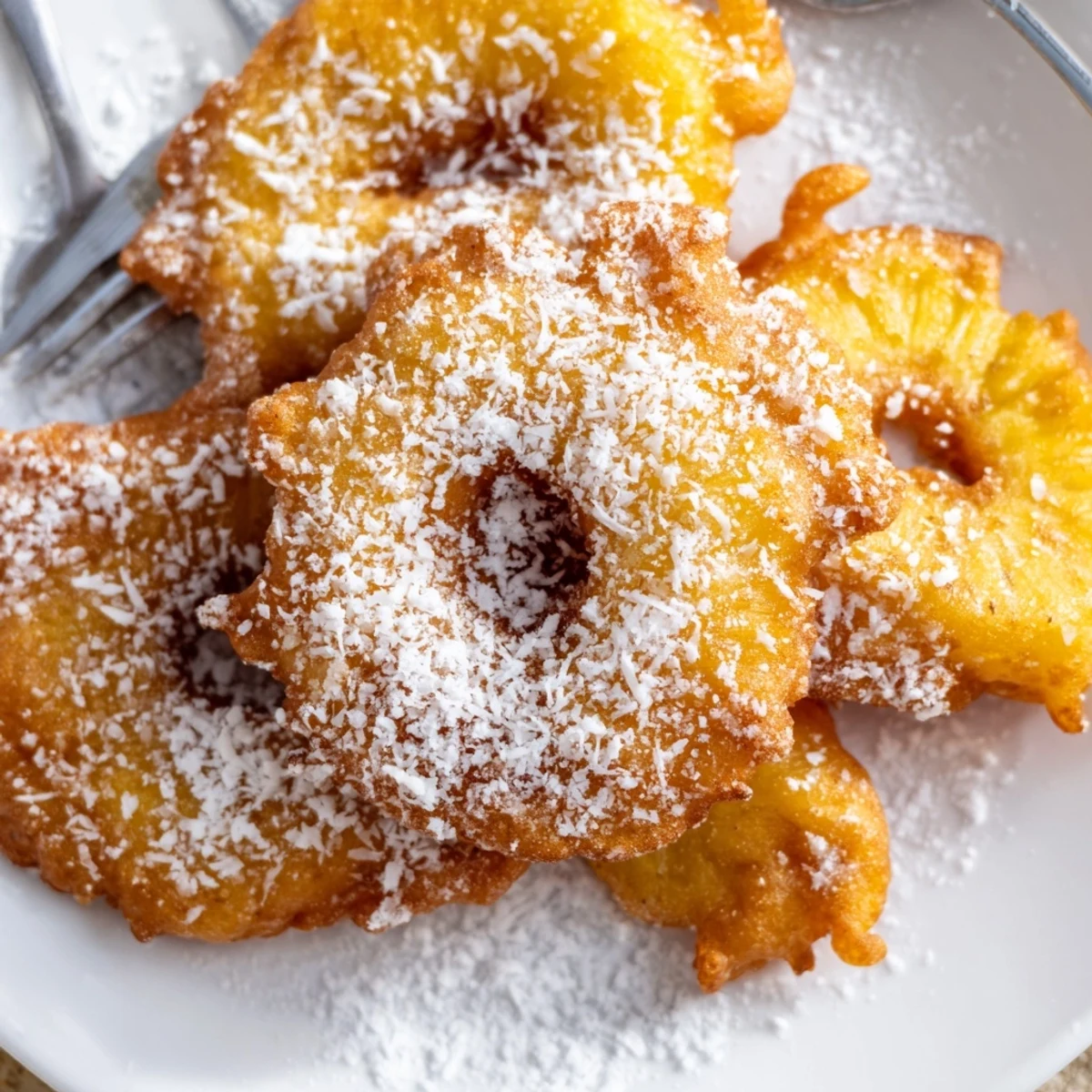 Golden crispy pineapple fritters dusted with powdered sugar on a white plate