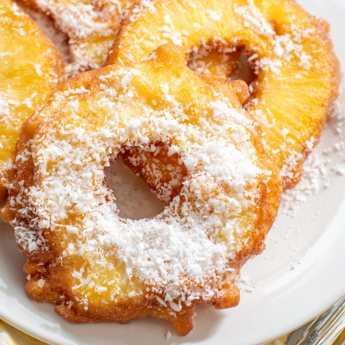 Warm pineapple fritters drizzled with honey and topped with toasted coconut flakes