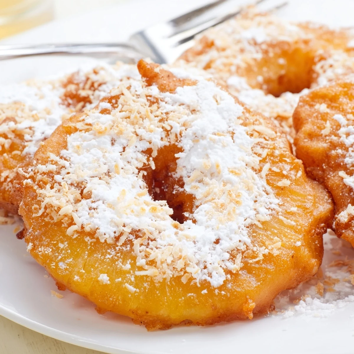 Battered tropical pineapple rings fried until golden and sprinkled with sweet powdered sugar