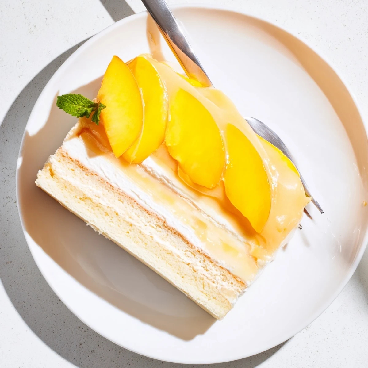 Creamy mango mousse cake layered over tender sponge base with shiny mirror glaze topping
