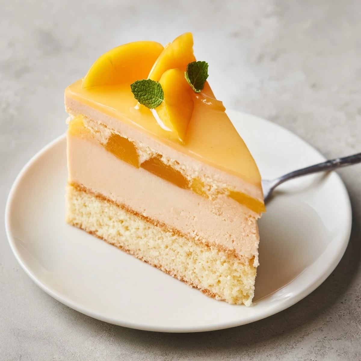 Golden mango mousse cake with glossy fruit glaze and fresh mango slices on top