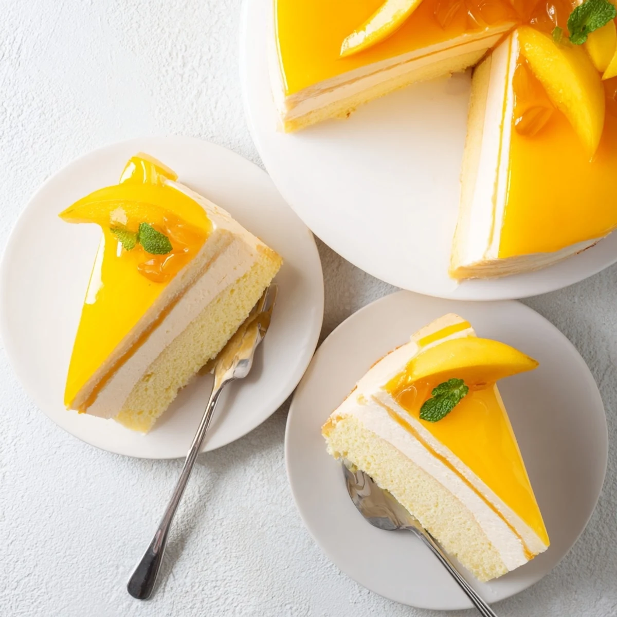Summer mango mousse cake featuring fluffy mousse layers decorated with fresh mango wedges
