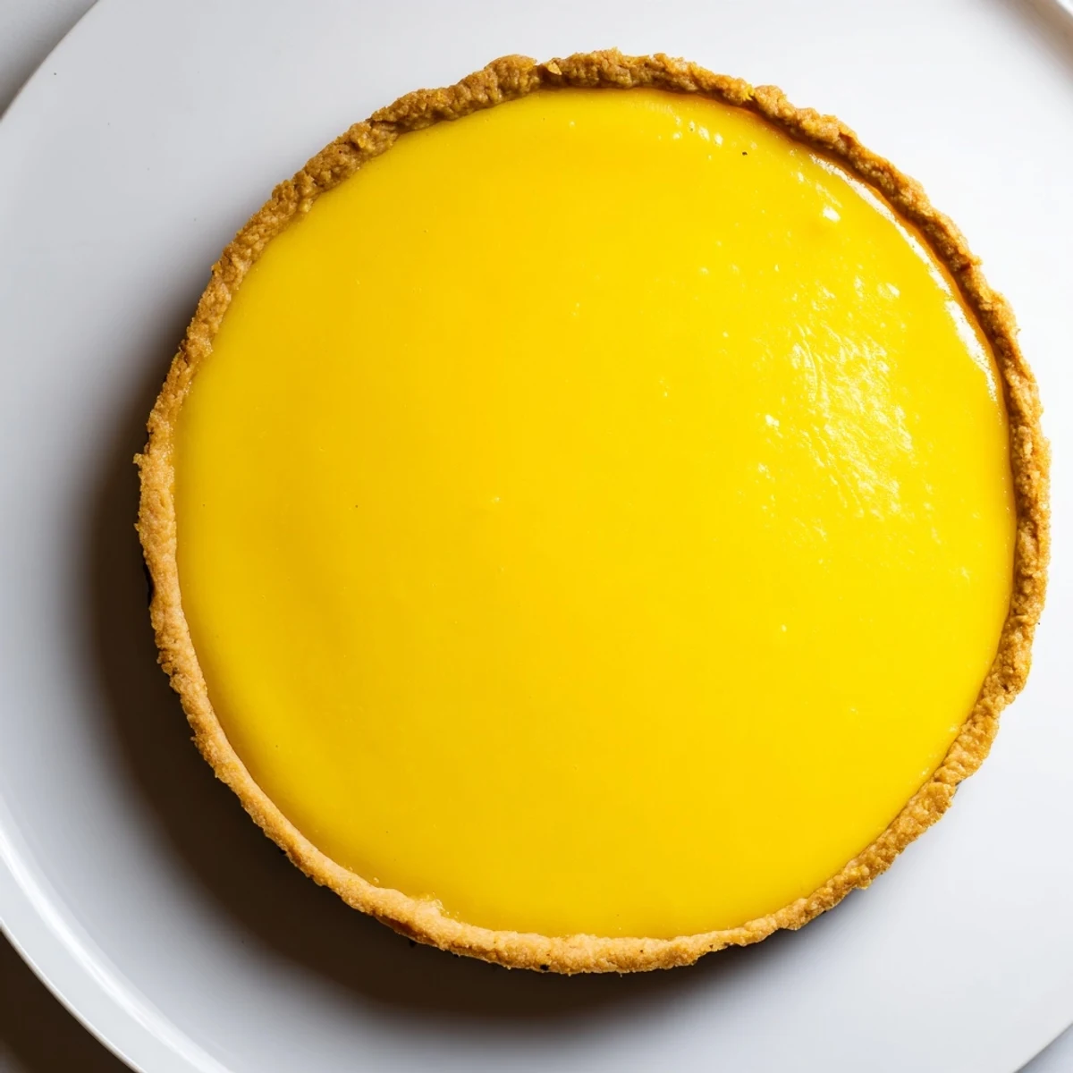 Golden mango curd tart with buttery crust topped with fresh mango slices and mint