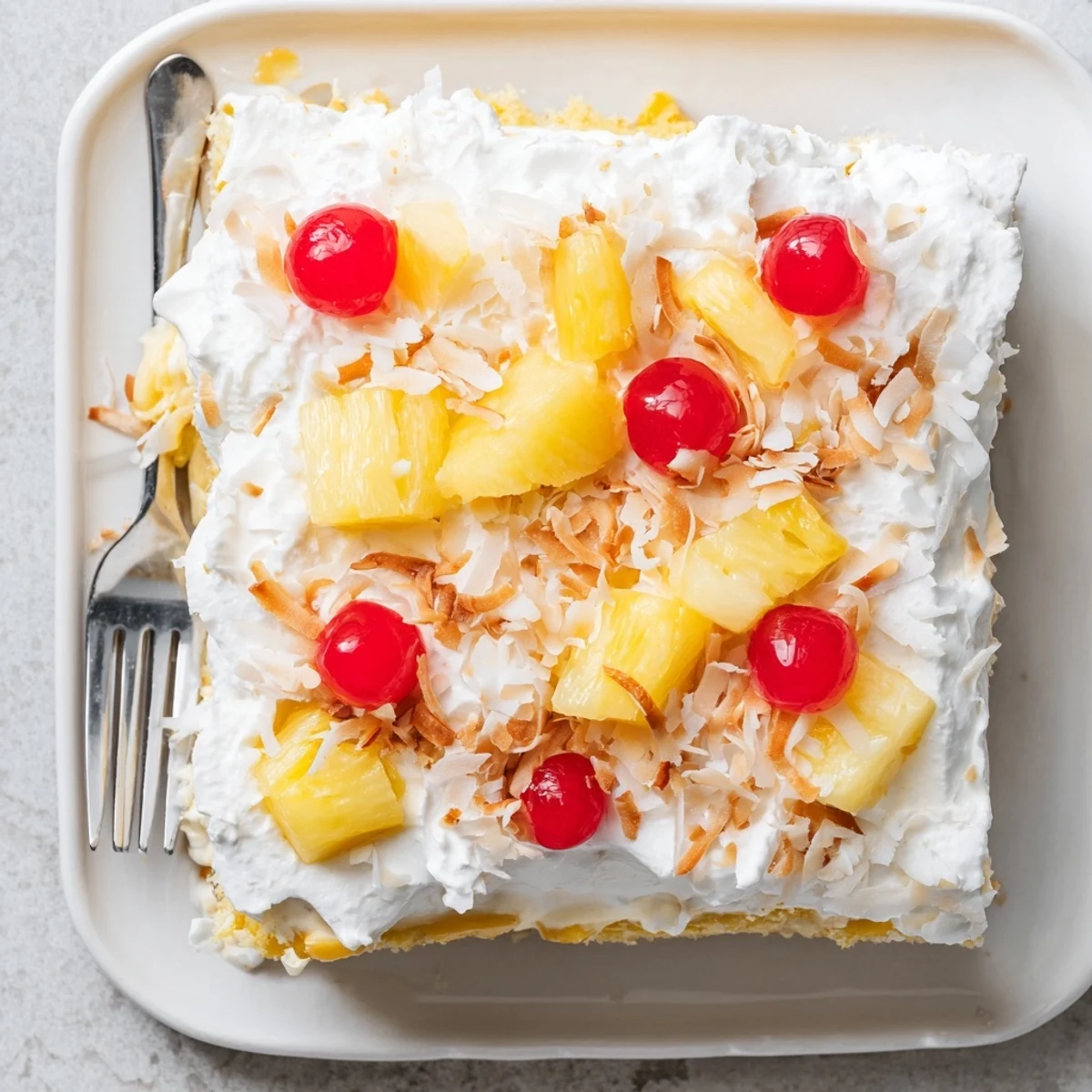 Moist yellow Hawaiian poke cake topped with fluffy whipped cream and golden toasted coconut flakes